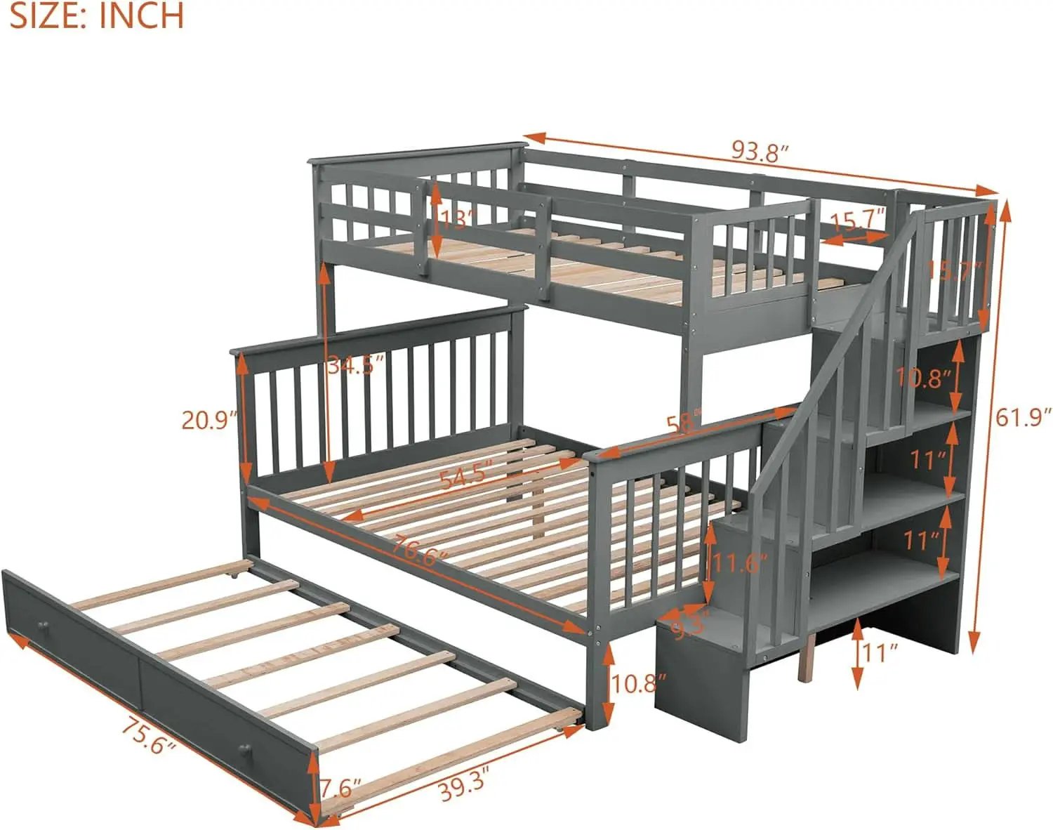 Twin Over Full Bunk Bed With Trundle Storage Shelves Grey from PriceLows™