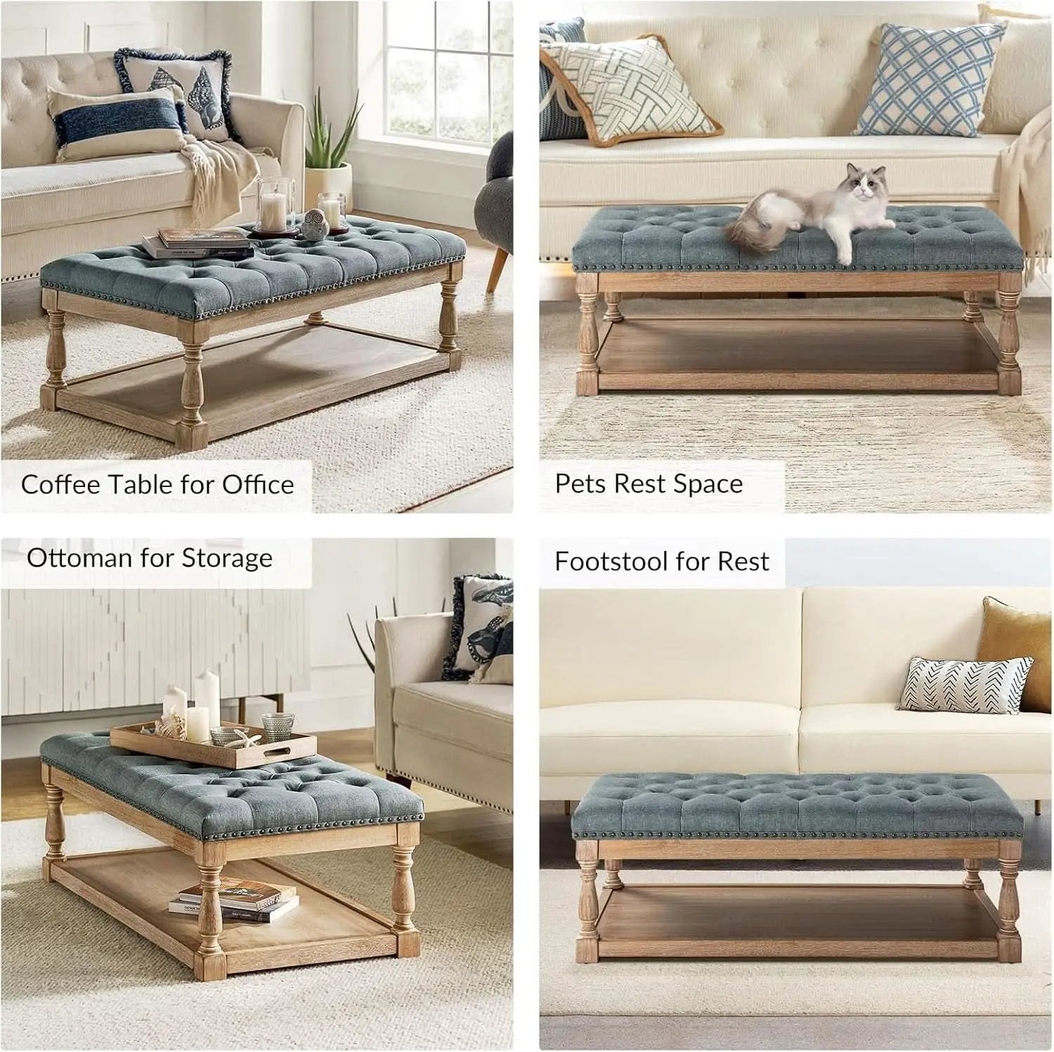 Blue Rectangular Upholstered Ottoman Coffee Table Tray from PriceLows™