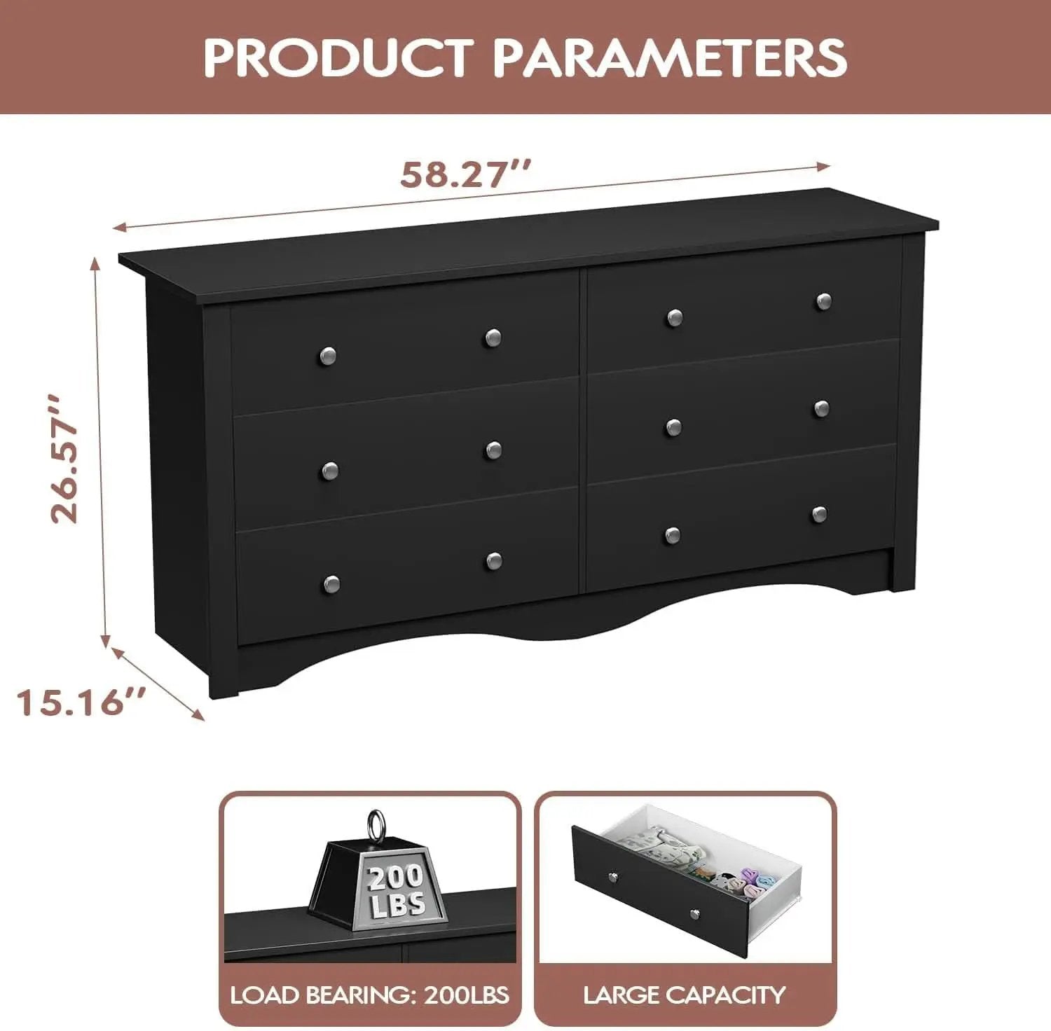 Black Dresser With 6 Drawers And TV Stand Storage Chest from PriceLows™