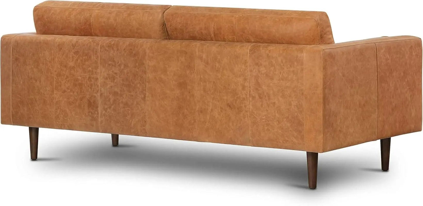 Cognac Tan Leather Mid Century Sofa With Bolsters In Stock from PriceLows™