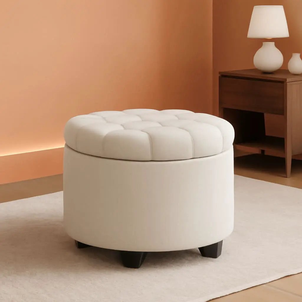 Round Ottoman With Durable Storage Linen-Look Beige from PriceLows™
