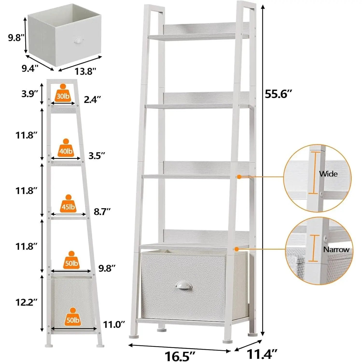 5 Tier White Ladder Shelf With Removable Fabric Drawer from PriceLows™