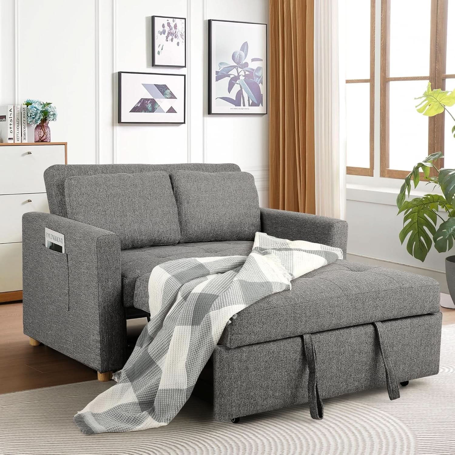Sleeper Sofa Bed, 3-In-1 Convertible Sofa Chair, Linen Fabric Pull Out Couch Bed, Loveseat Sleeper with Spring Support, Adjustable Backrest, 2 Seater Recliner Chair for Small Space, Dark Grey from PriceLows™