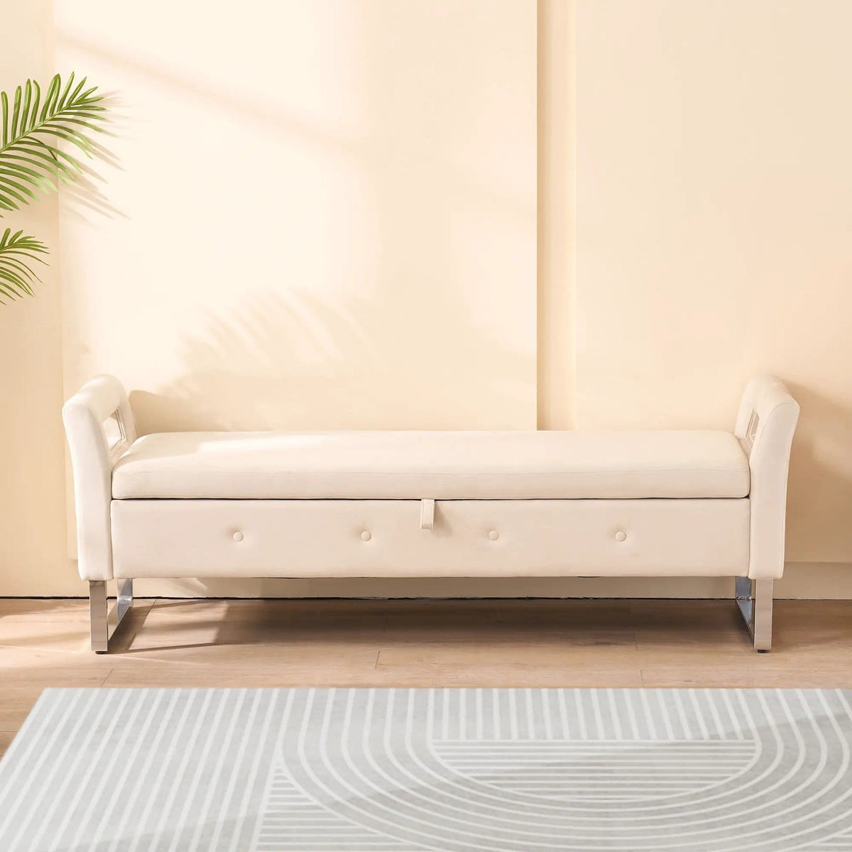Wide Storage Soft Ottoman Bench With Armrests | Bench Ottoman | Solid Wood & Metal | Living Room