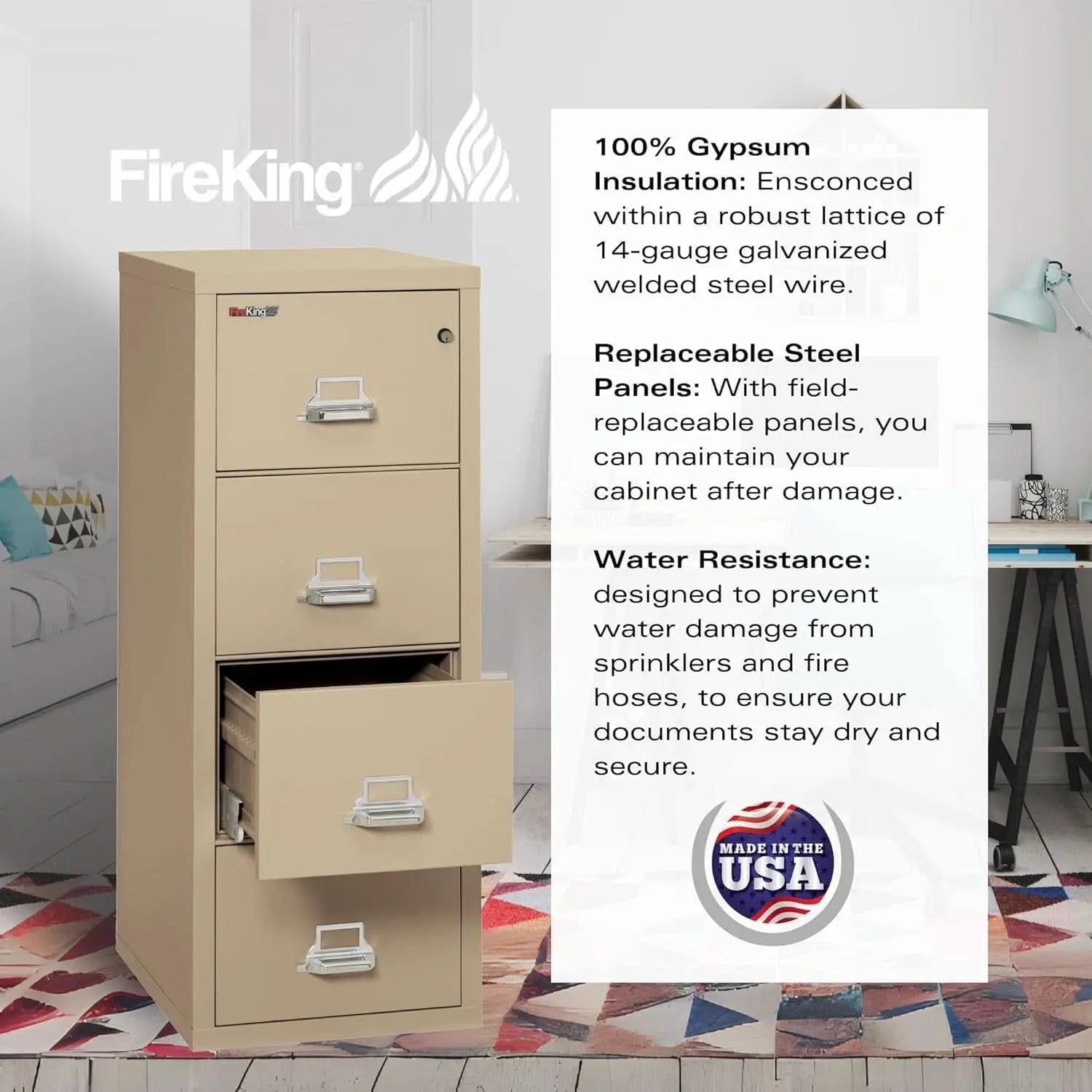 Vertical 4 Drawer Fire Rated File Cabinet Parchment Key Lock from PriceLows™