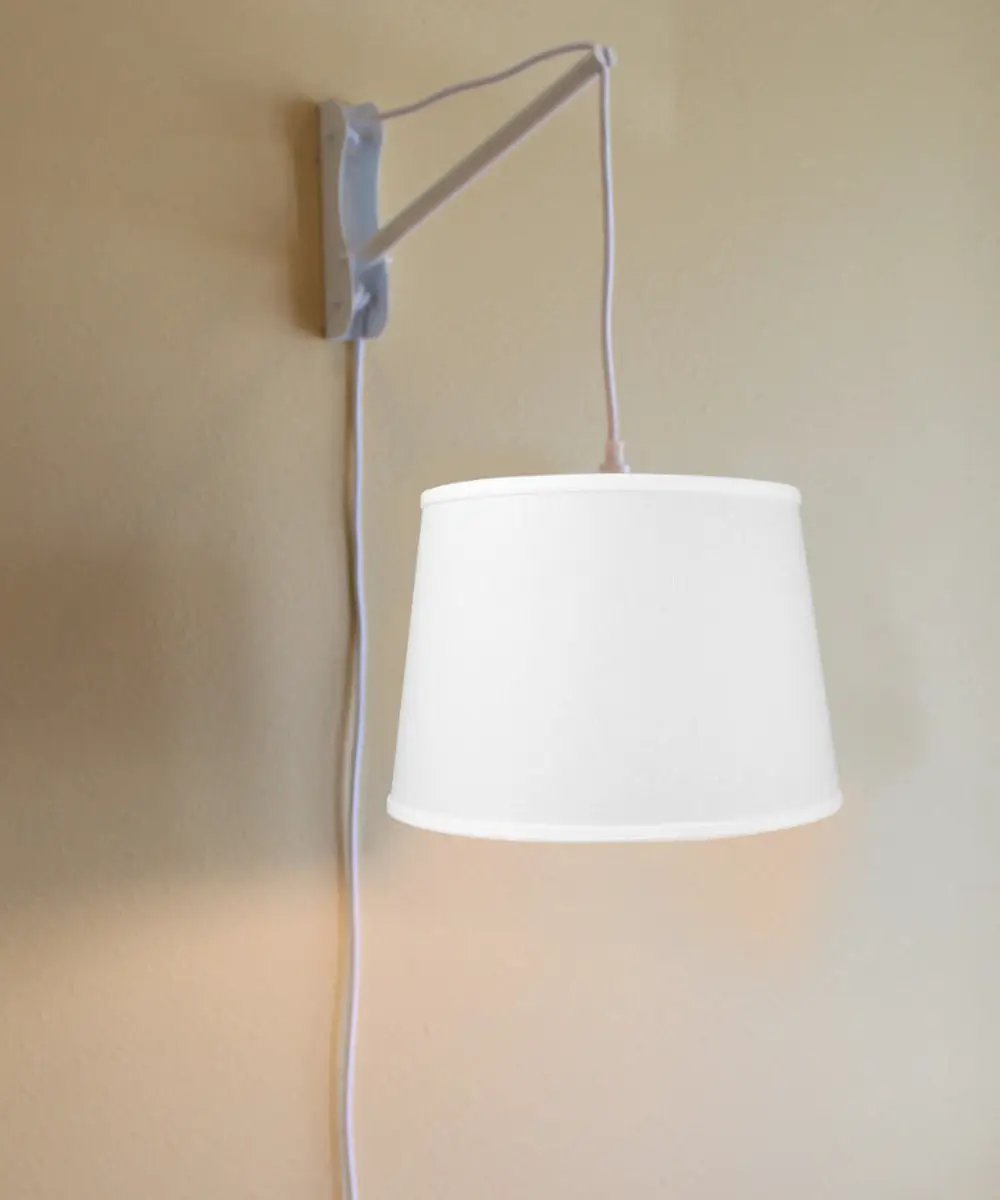 Plug In Wall Mount Pendant | Adjustable Cantilever Arm | White Linen Shade