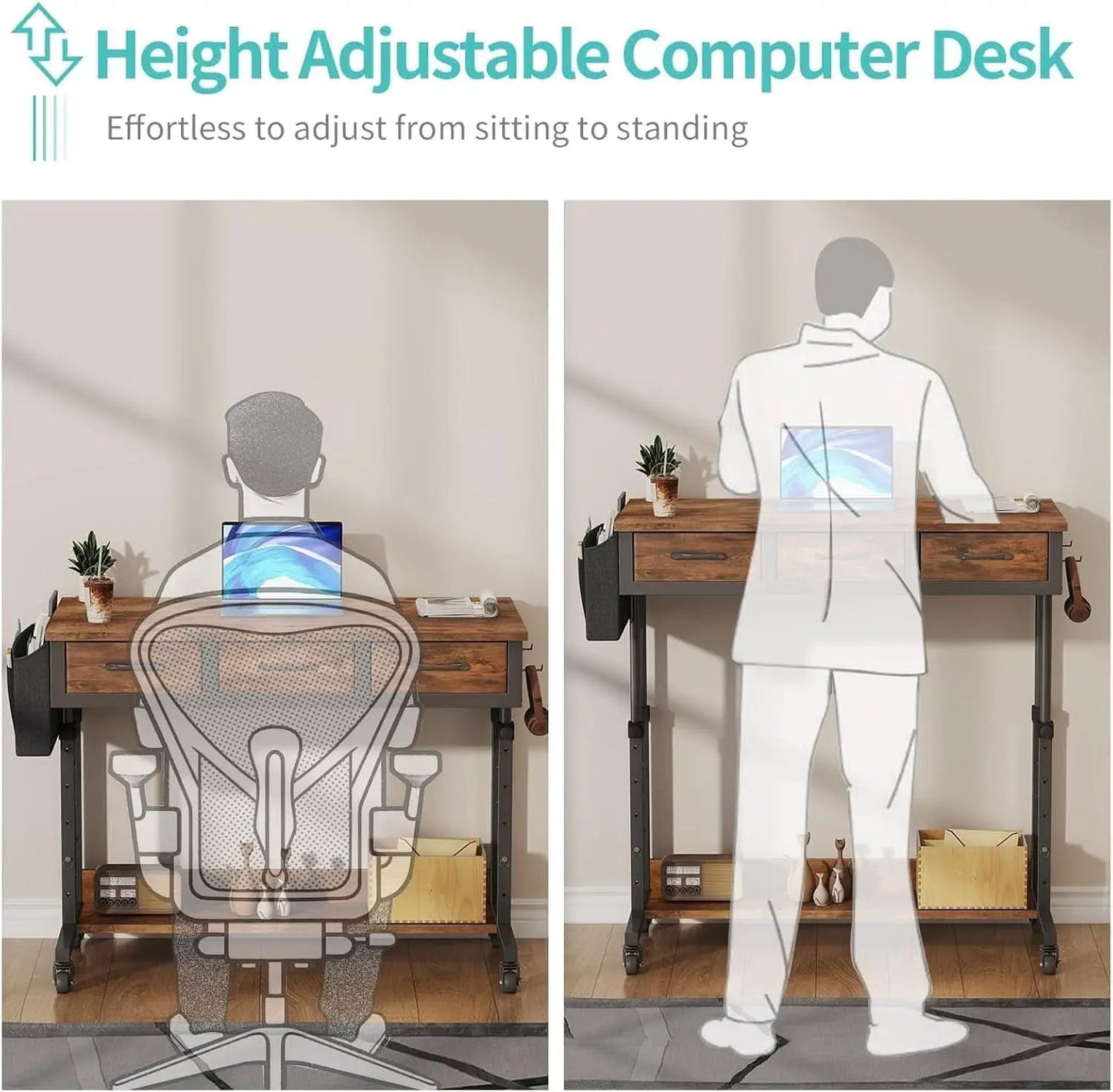 Rolling Height Adjustable Computer Desk With Drawers from PriceLows™