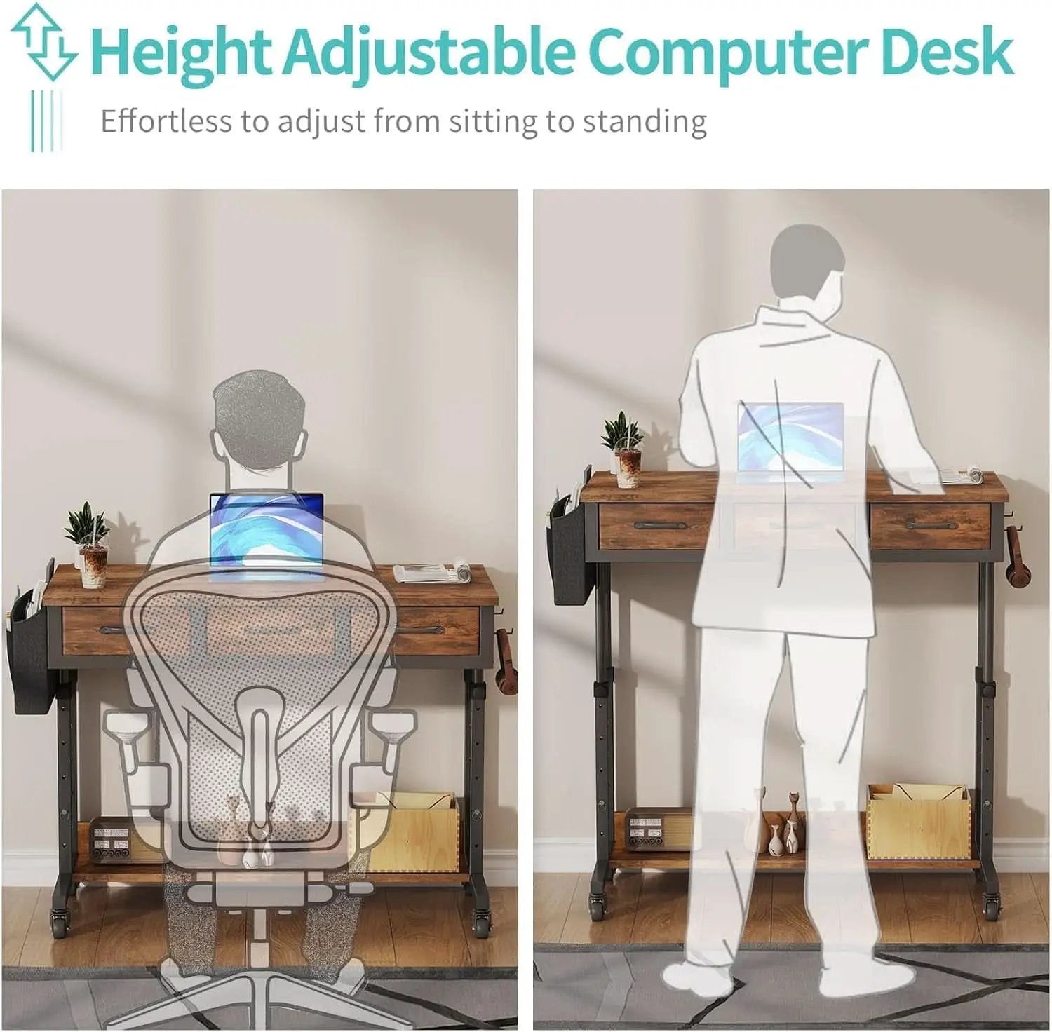 Rolling Height Adjustable Computer Desk With Drawers from PriceLows™