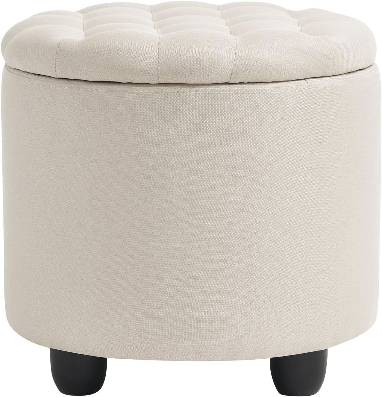 Beige Round Storage Ottoman Featuring Removable Lid from PriceLows™
