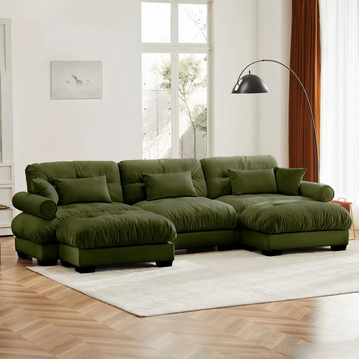 Modular Sectional Sofa | Deep Comfort Cushions | Vintage Fabric Ottoman