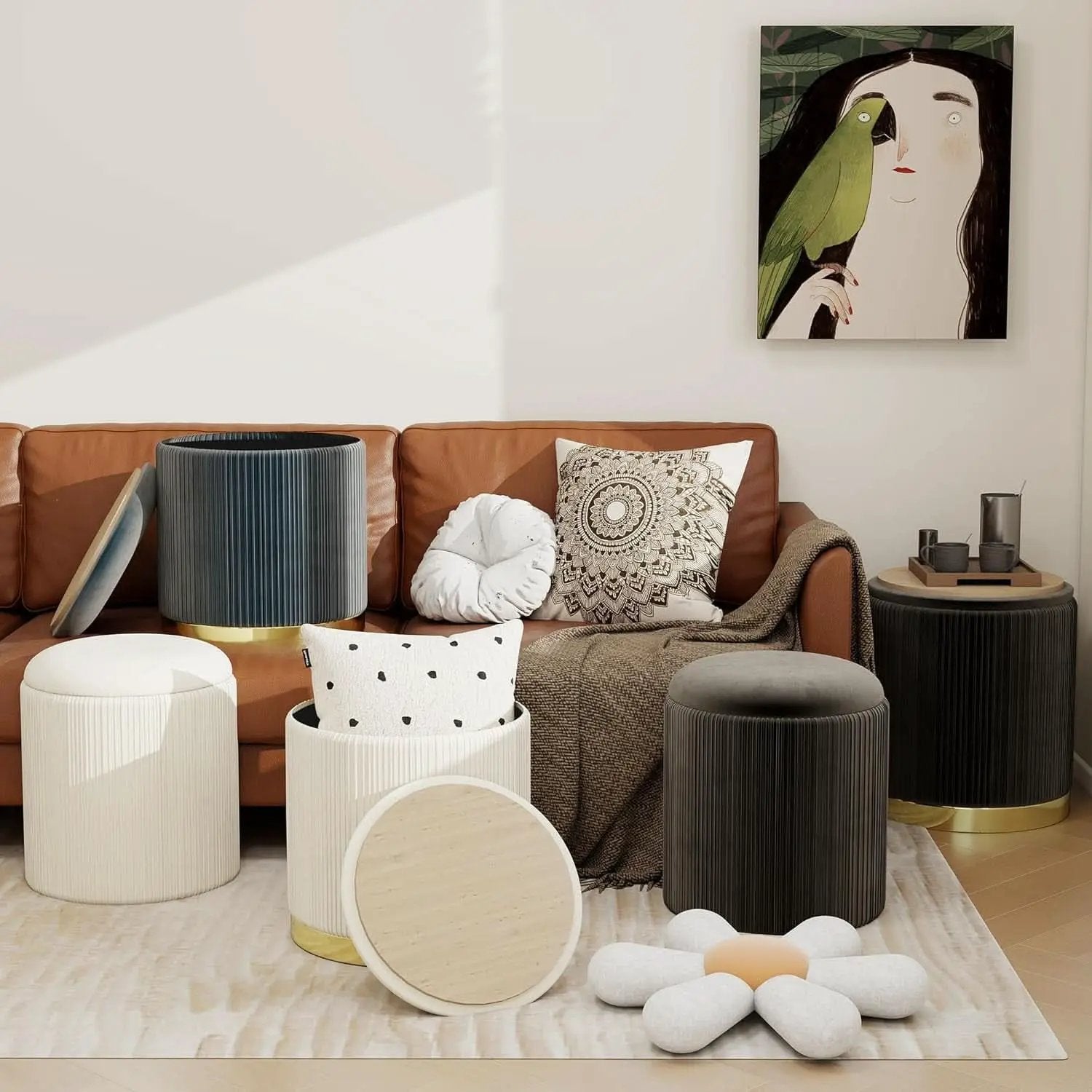 Round Velvet Storage Ottoman Black Lacquered Finish from PriceLows™