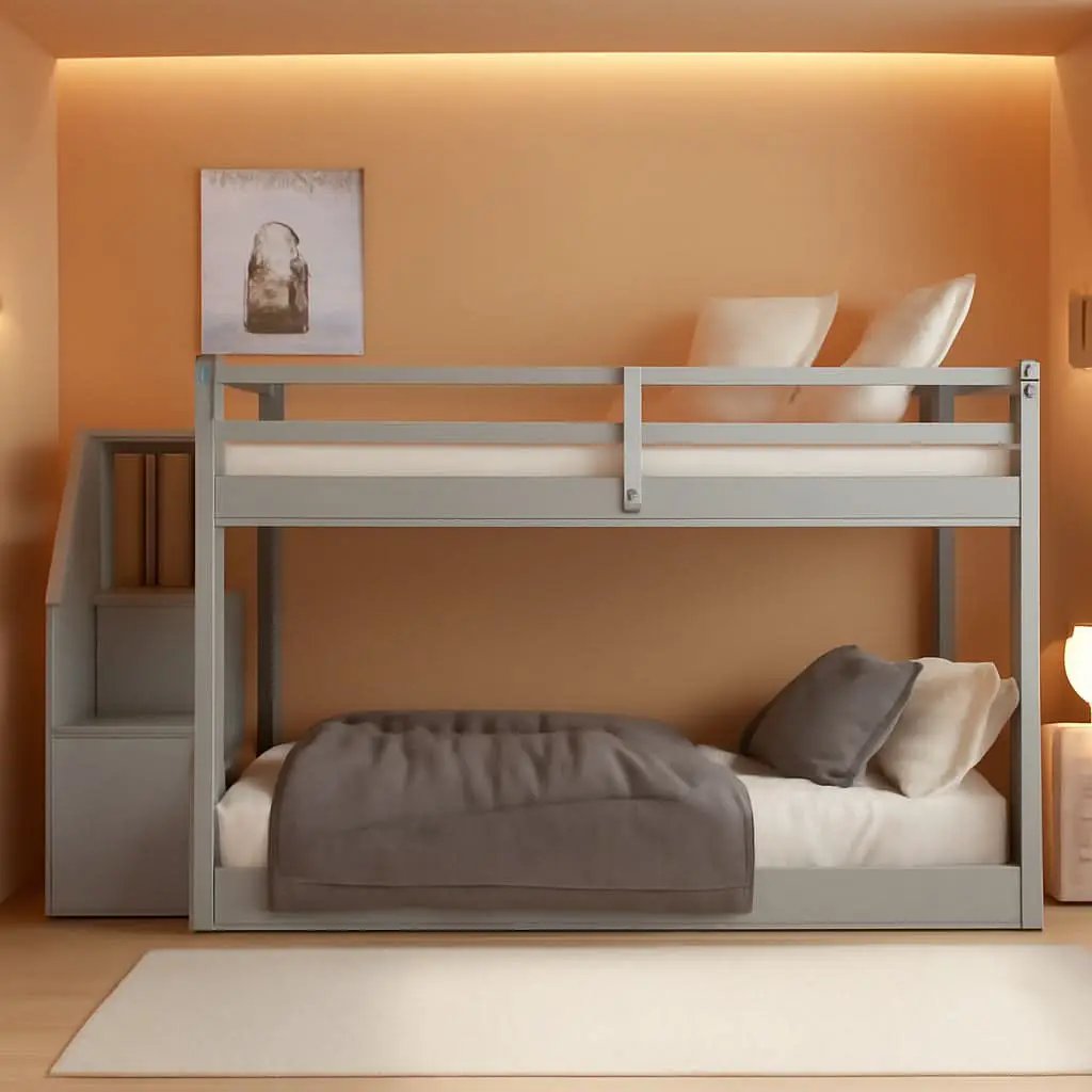 Twin Over Twin Low Bunk Bed With Storage Stairs Grey Wood from PriceLows™