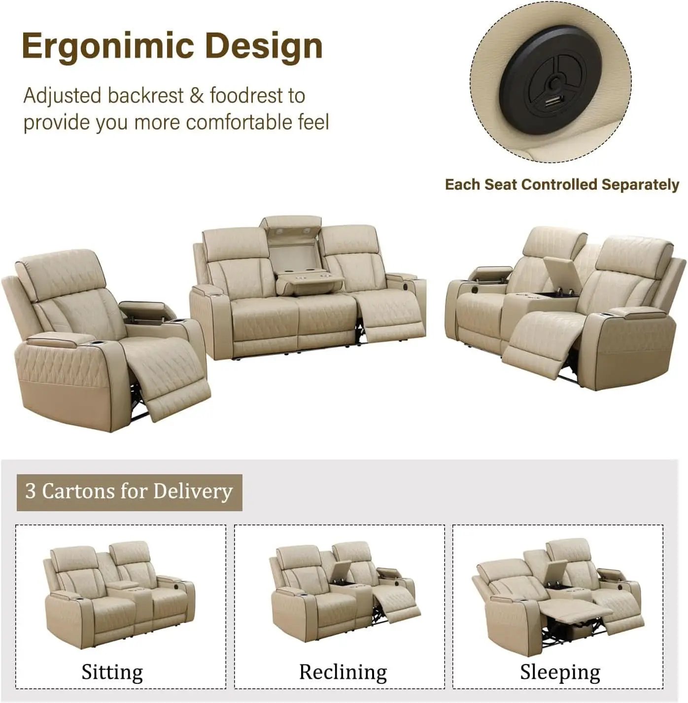 Power Reclining Leather Sofa Set With USB Ports Khaki from PriceLows™