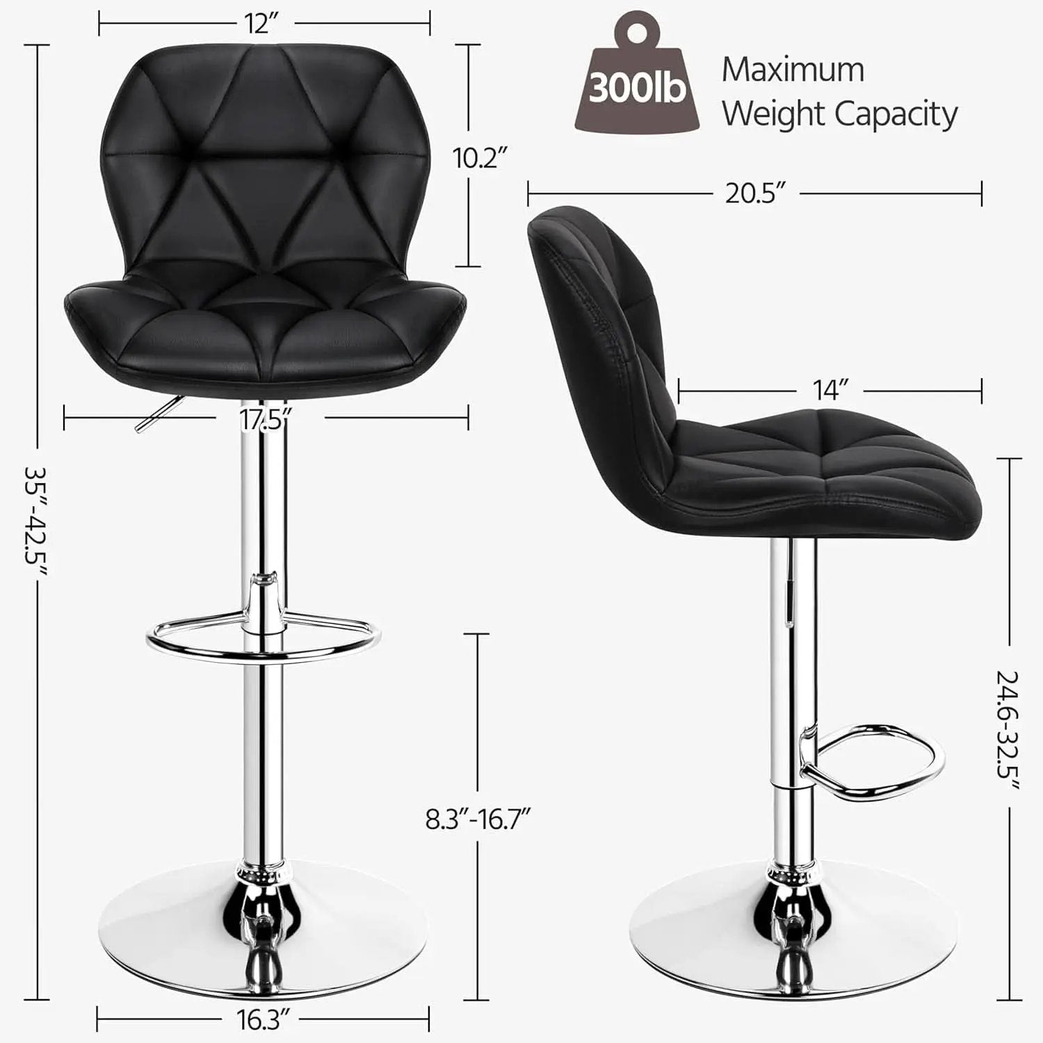 Set Of 2 Modern Adjustable Black PU Leather Bar Stools from PriceLows™