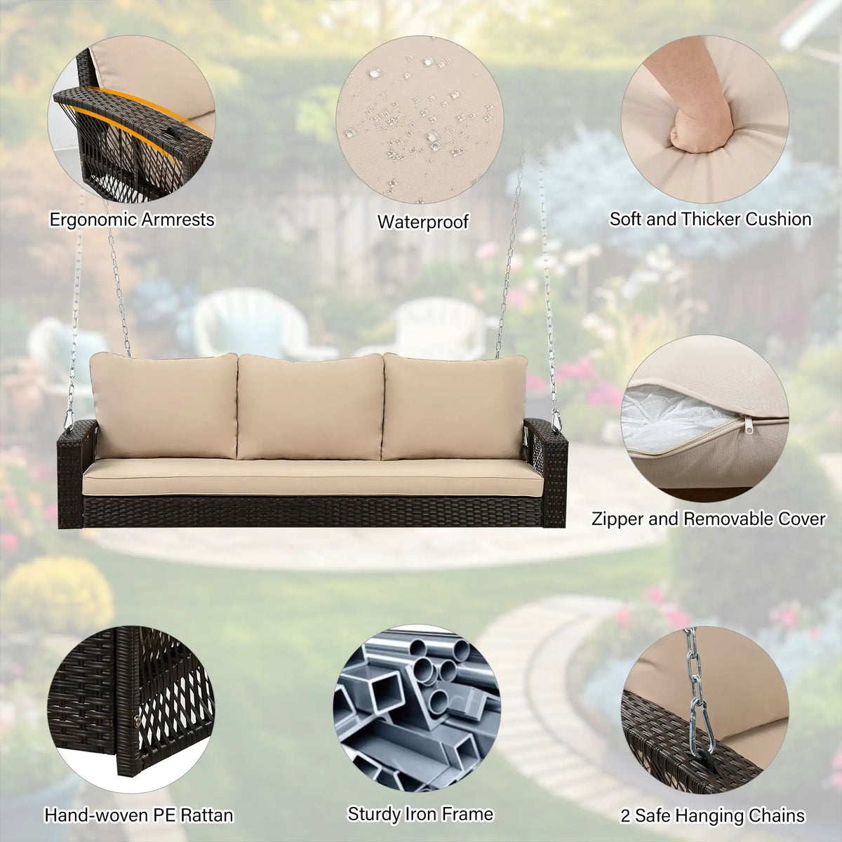 3 Person Patio Swing Bench | Hand-Woven PE Rattan | Cushions Included | Double-Strand Weave