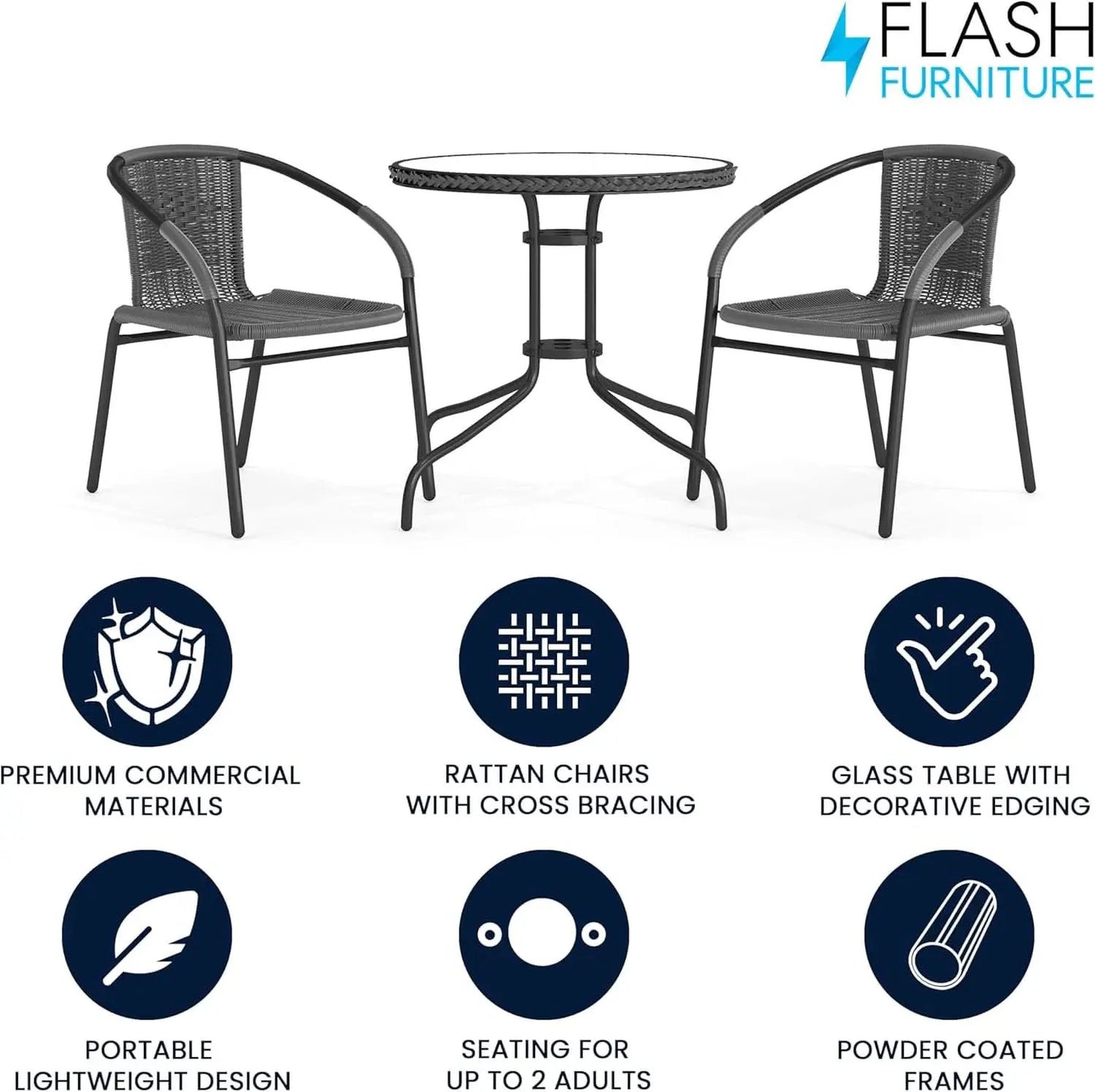 3-Piece Patio Dining Set With Round Glass Table And Stackable Rattan Chairs Gray from PriceLows™