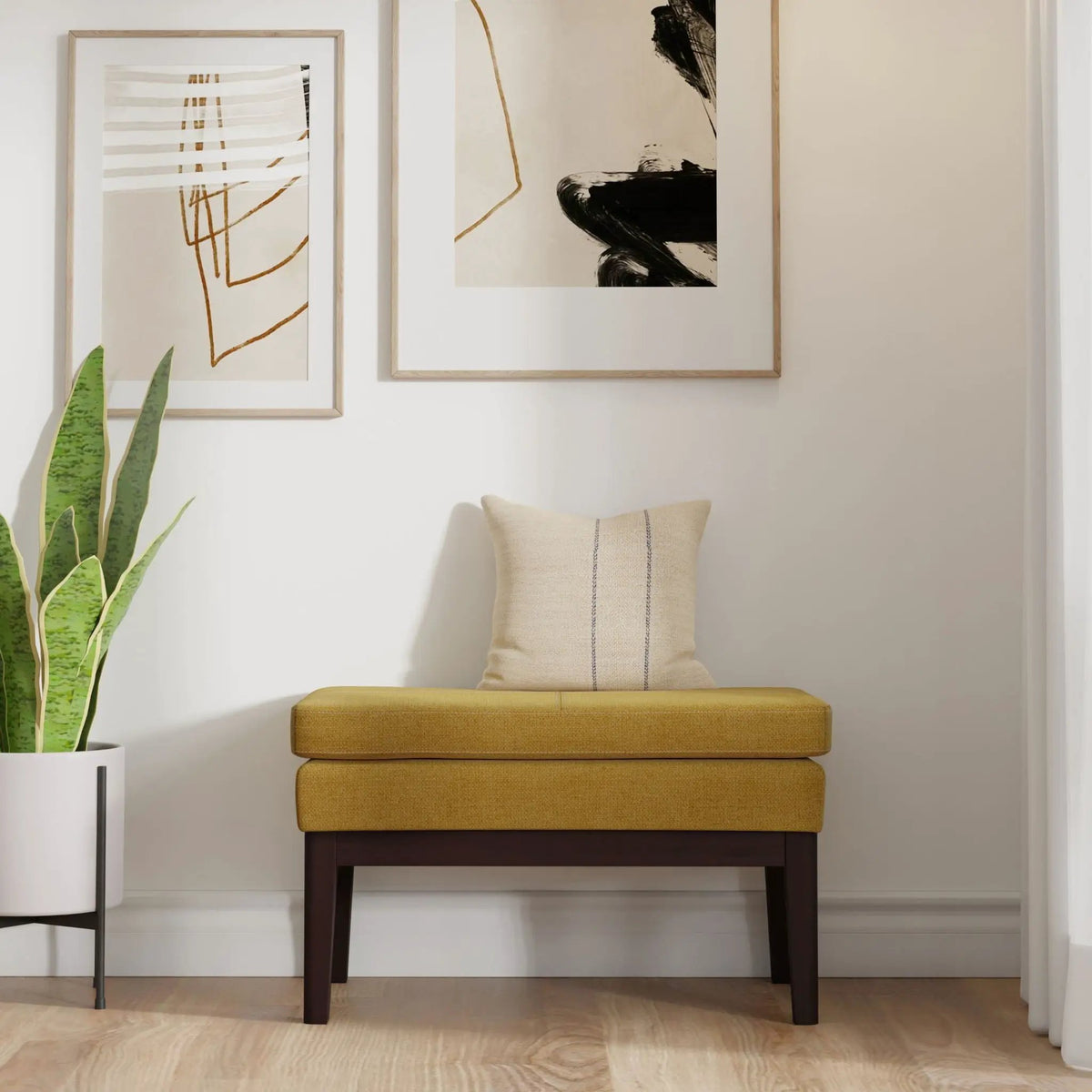 Carlson Ottoman Bench | Mid-Century Design | Top Stitching Detail | Webbed Seat Support