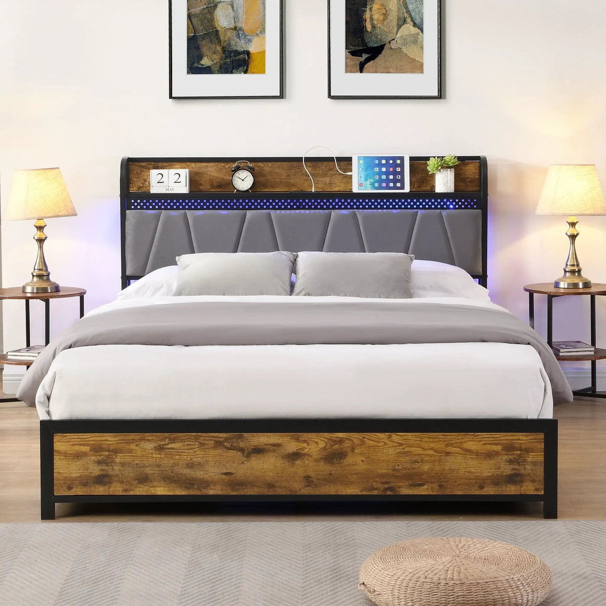 Modern Storage Bed Frame | LED Lights With Remote | Upholstered Headboard | USB Charging Station