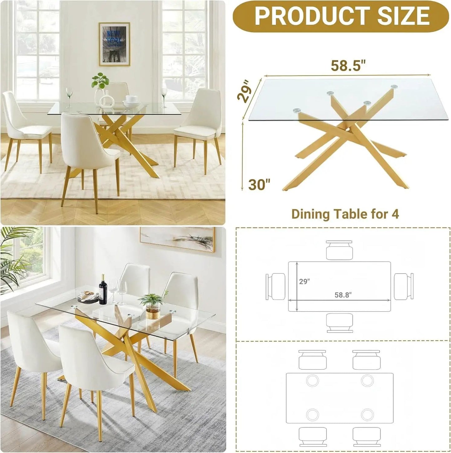 Rectangular Tempered Glass Dining Table Gold Finish from PriceLows™