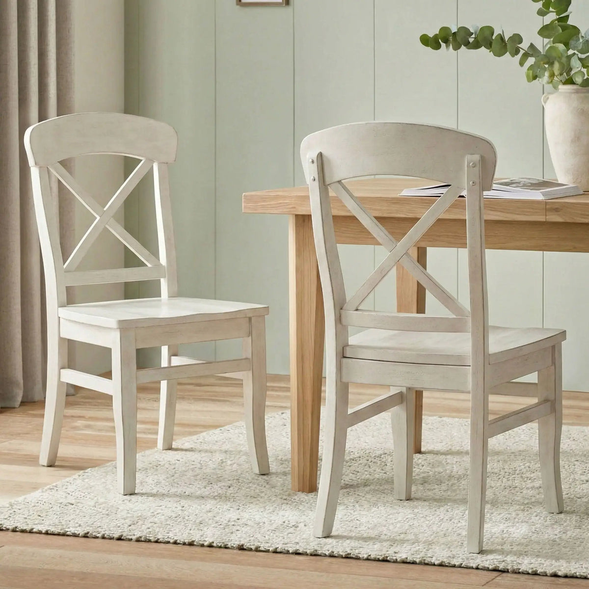 Harola Cross-Back Dining Chairs | Set Of 2 | Smoky White | Saddle-Shape Wood Seats