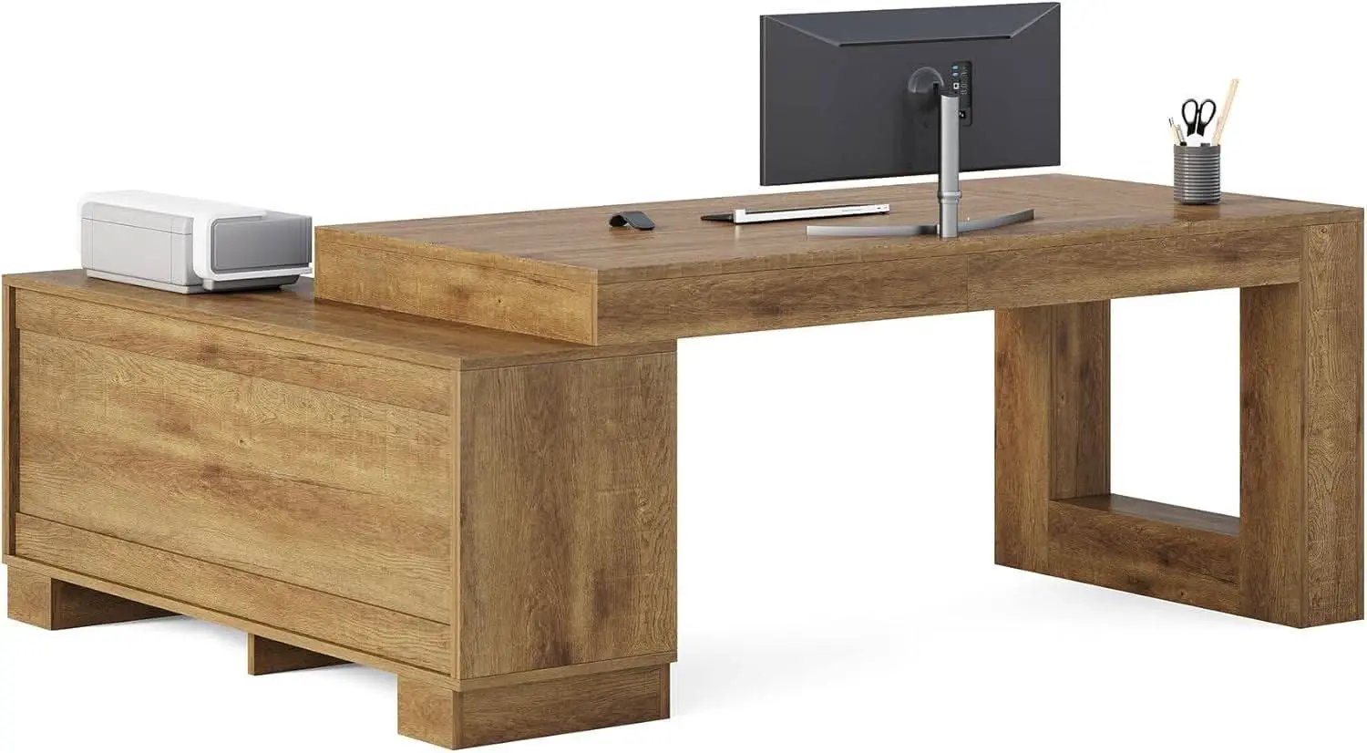 Brown 63 Inch Long L Shaped Desk With Sliding Cabinets from PriceLows™