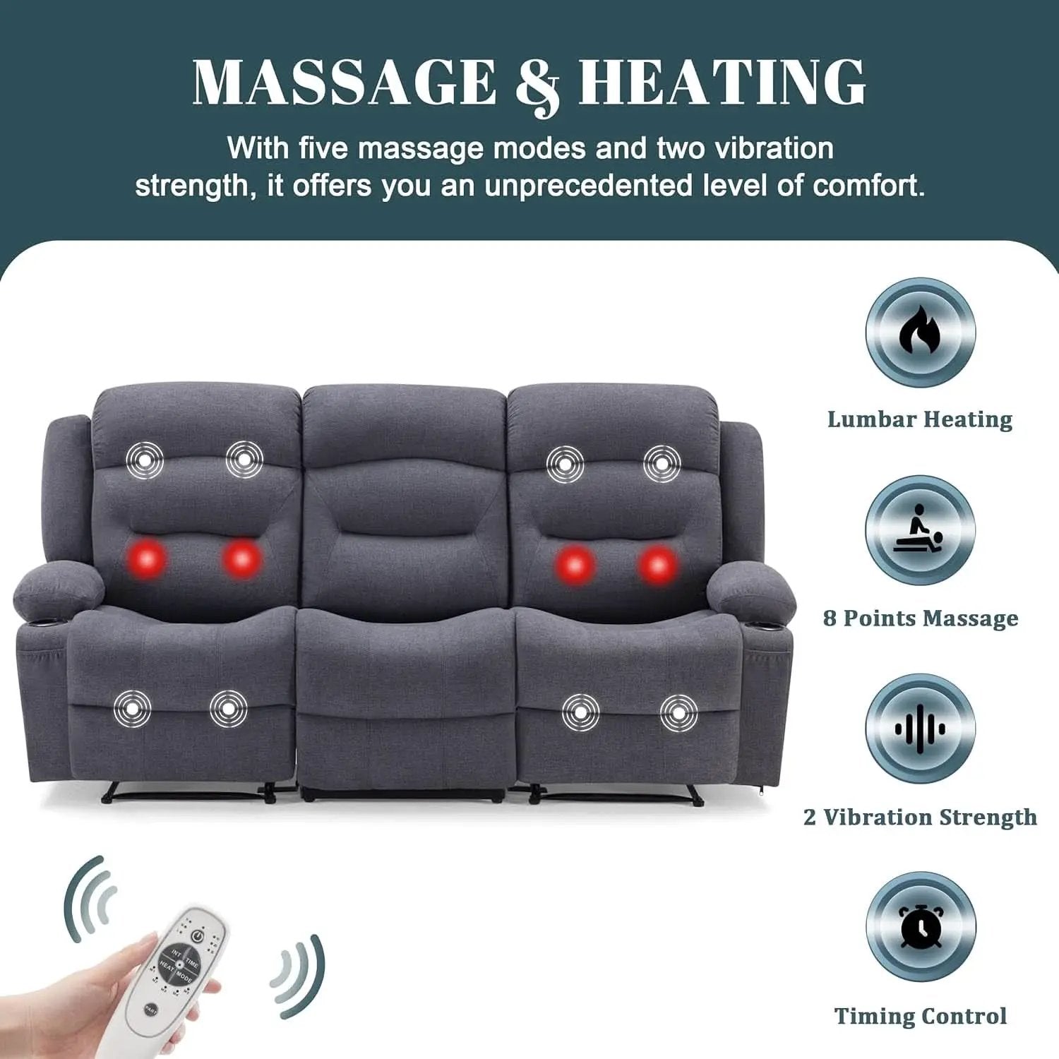 Oversized Charcoal Grey Recliner Sofa With USB Port And Heated Massage from PriceLows™