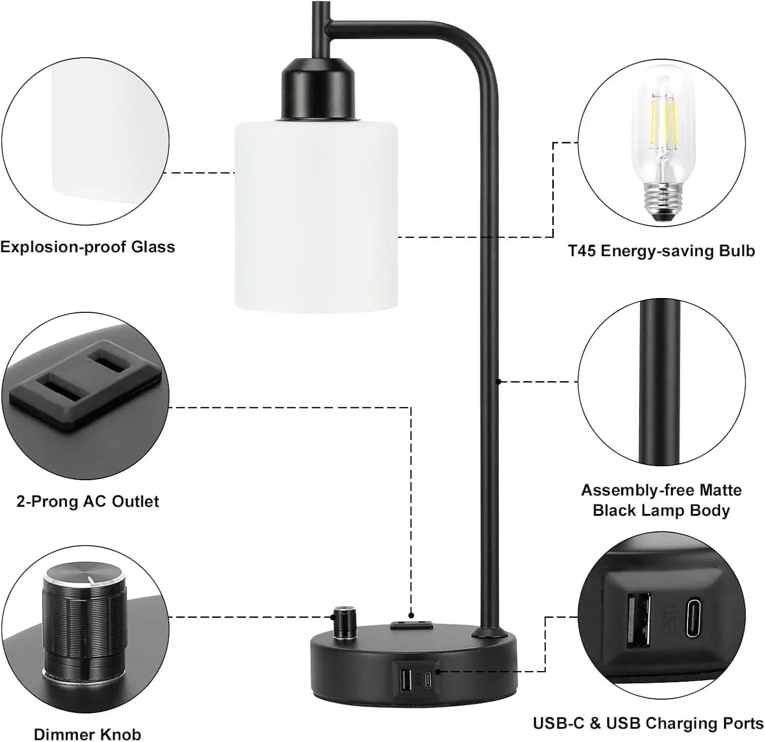 Industrial Black Dimmable Bedside Lamps With USB Ports from PriceLows™