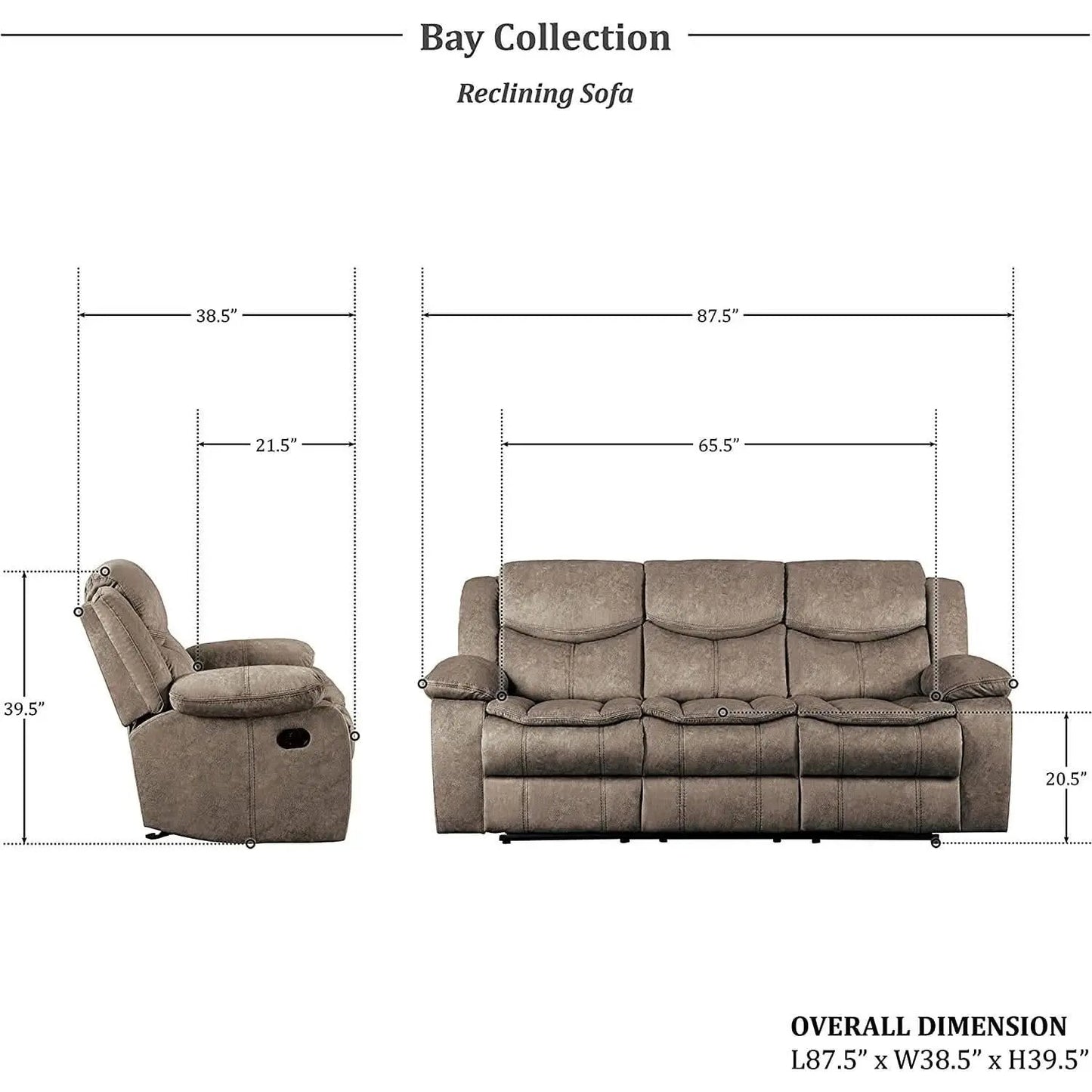 Manual Double Reclining Brown Sofa 87 Inch Wide Living Room from PriceLows™