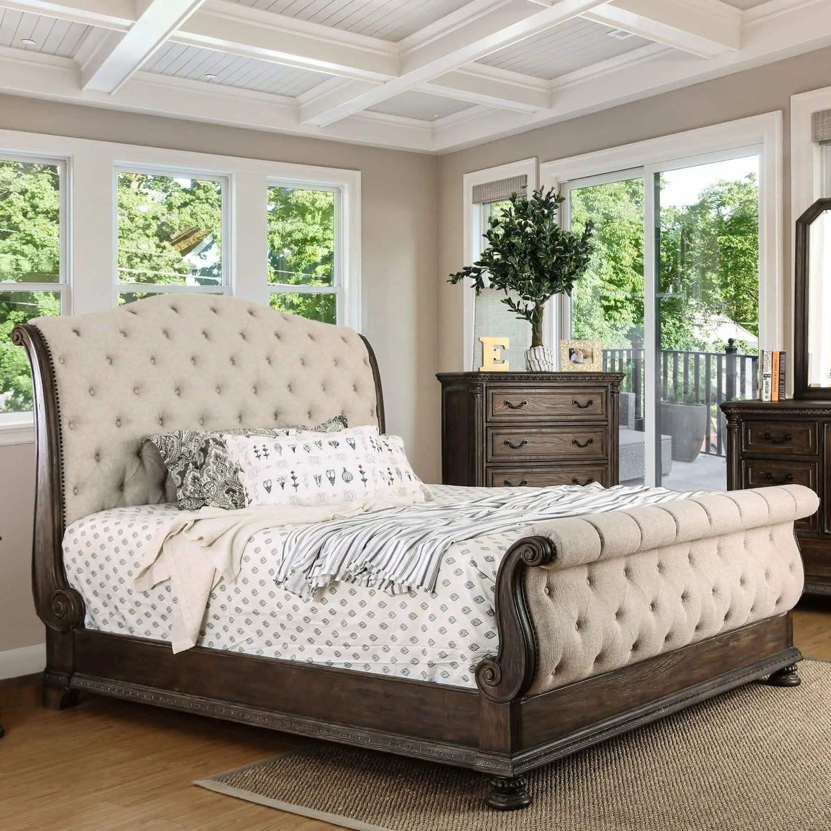 Sleigh Bed | Button Tufted Fabric Headboard | Footboard | Rustic Natural Tone