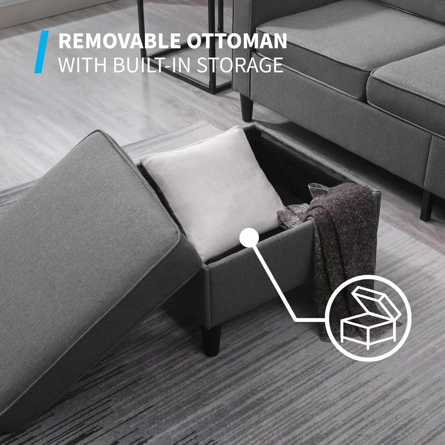 3 Piece Convertible Sofa Set With Linen Upholstery And Storage Ottoman Dark Grey from PriceLows™