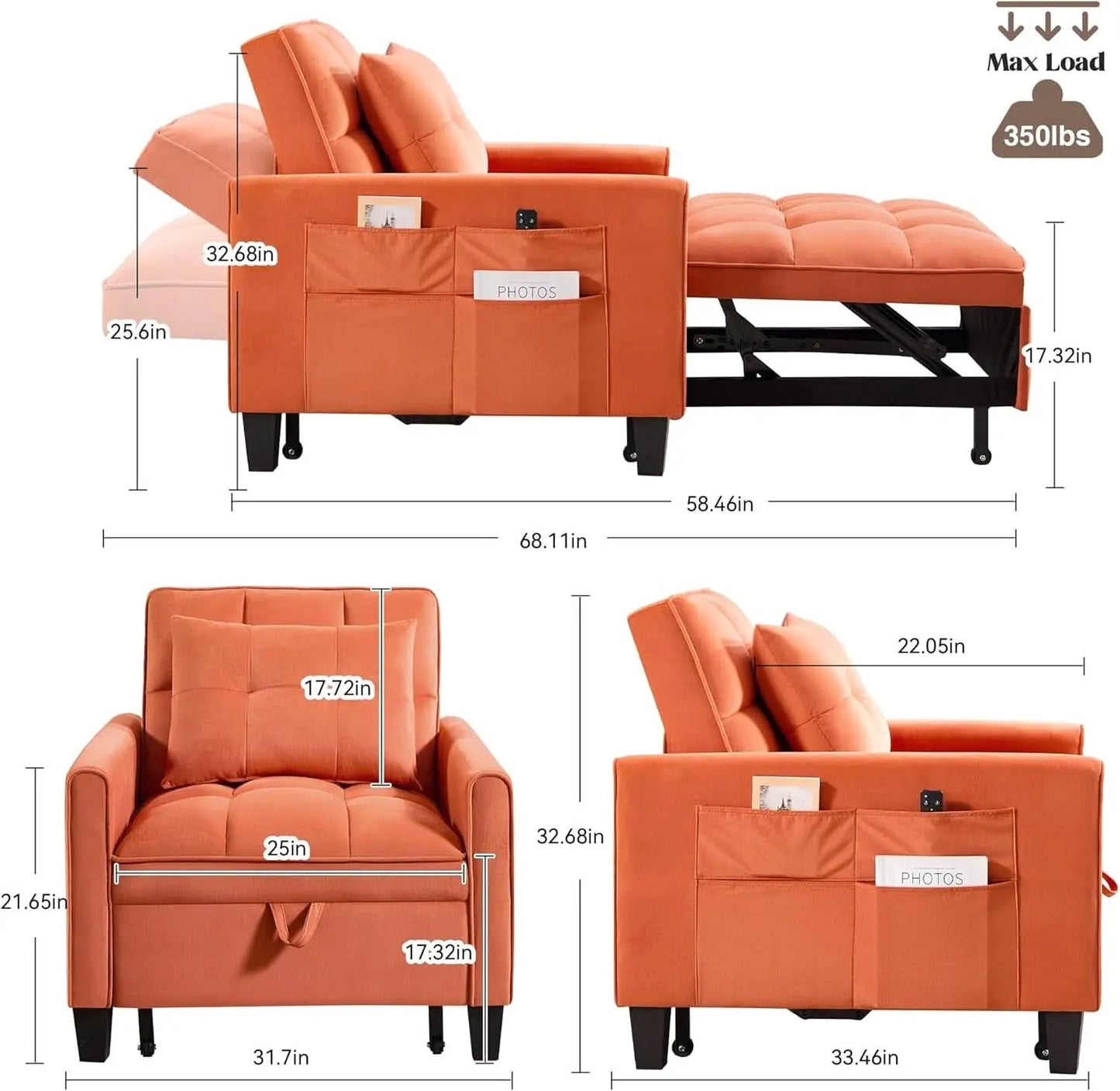 Three In One Velvet Orange Convertible Sleeper Chair from PriceLows™