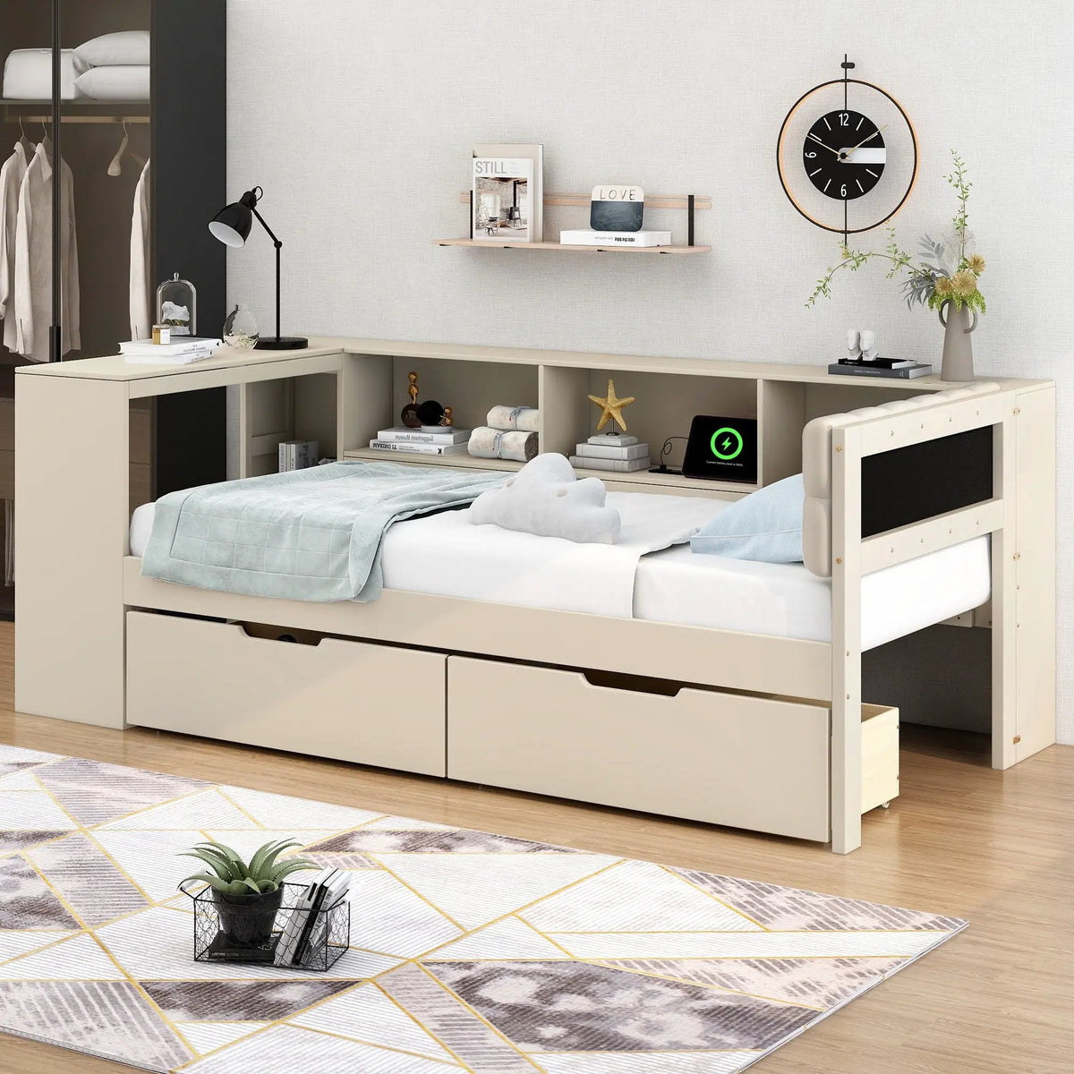 Upholstered Headboard Platform Bed | Storage Shelves | Two Drawers | Charging Station