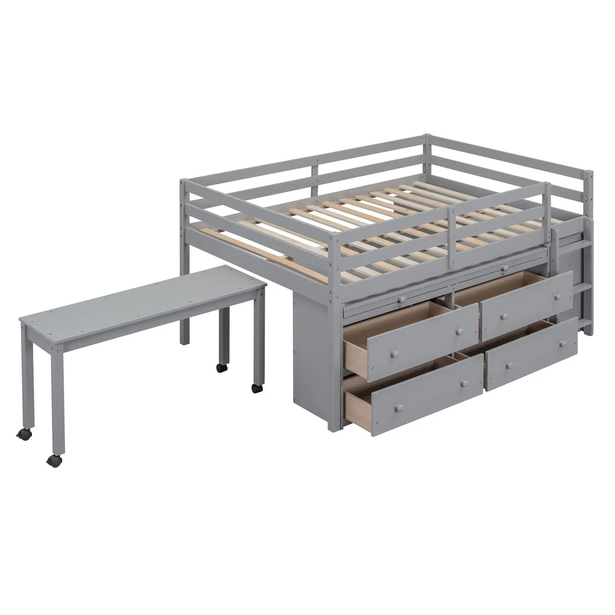 Loft Bed With Retractable Desk | 4 Front Drawers | Lateral Portable Desk | Side Shelves