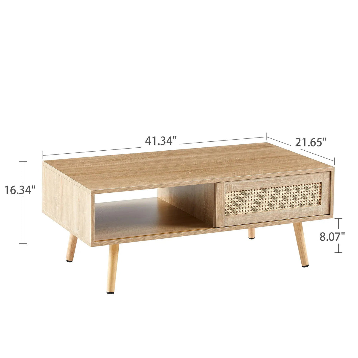 Rattan Coffee Table | 41.34 Inch Width | Sliding Storage Door | Solid Wood Legs