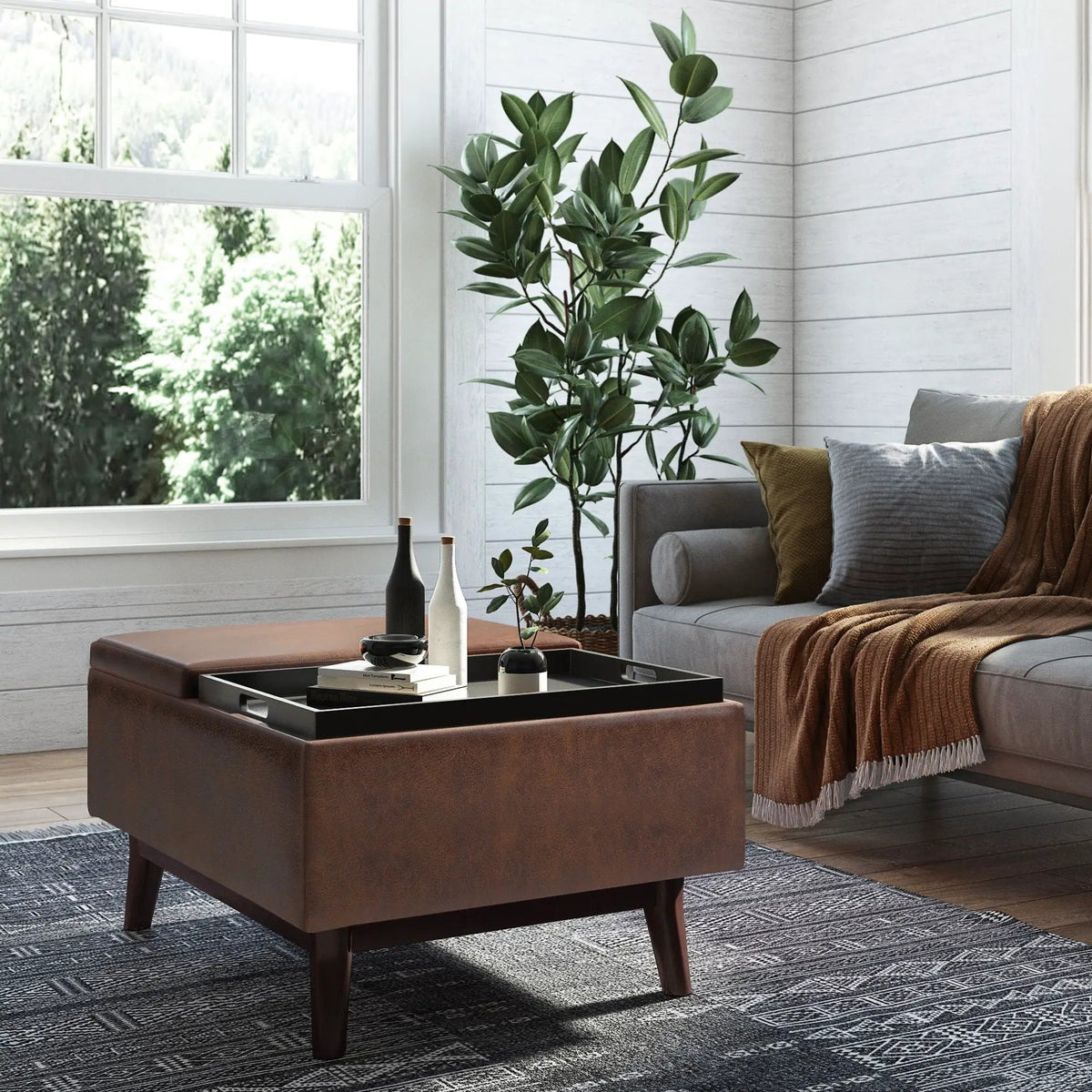 Owen Tray Top Coffee Table Ottoman | Upholstered Storage | Two Flip Over Serving Trays | Small Size