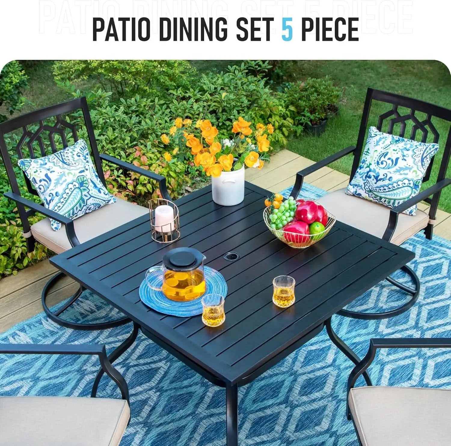 Patio Dining Set 5 Pieces With 37 Inch Table And Cushioned Swivel Chairs from PriceLows™