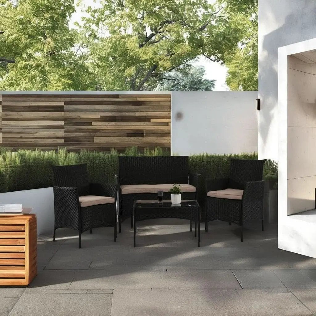 4 Piece Rattan Patio Set With Glass Table Black Cushions from PriceLows™