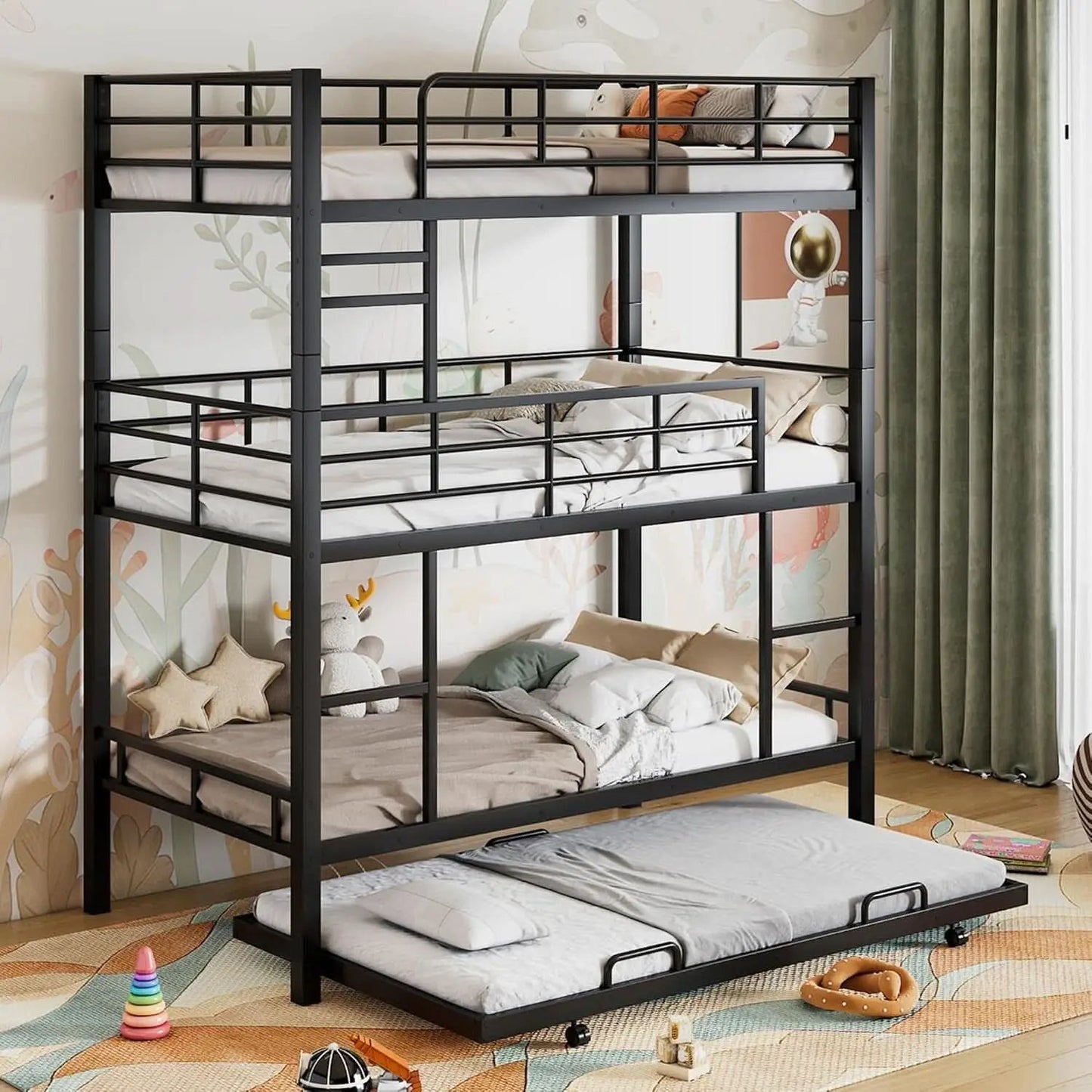 Metal Twin Size Triple Bunk Bed with Trundle, Black for Kids from PriceLows™