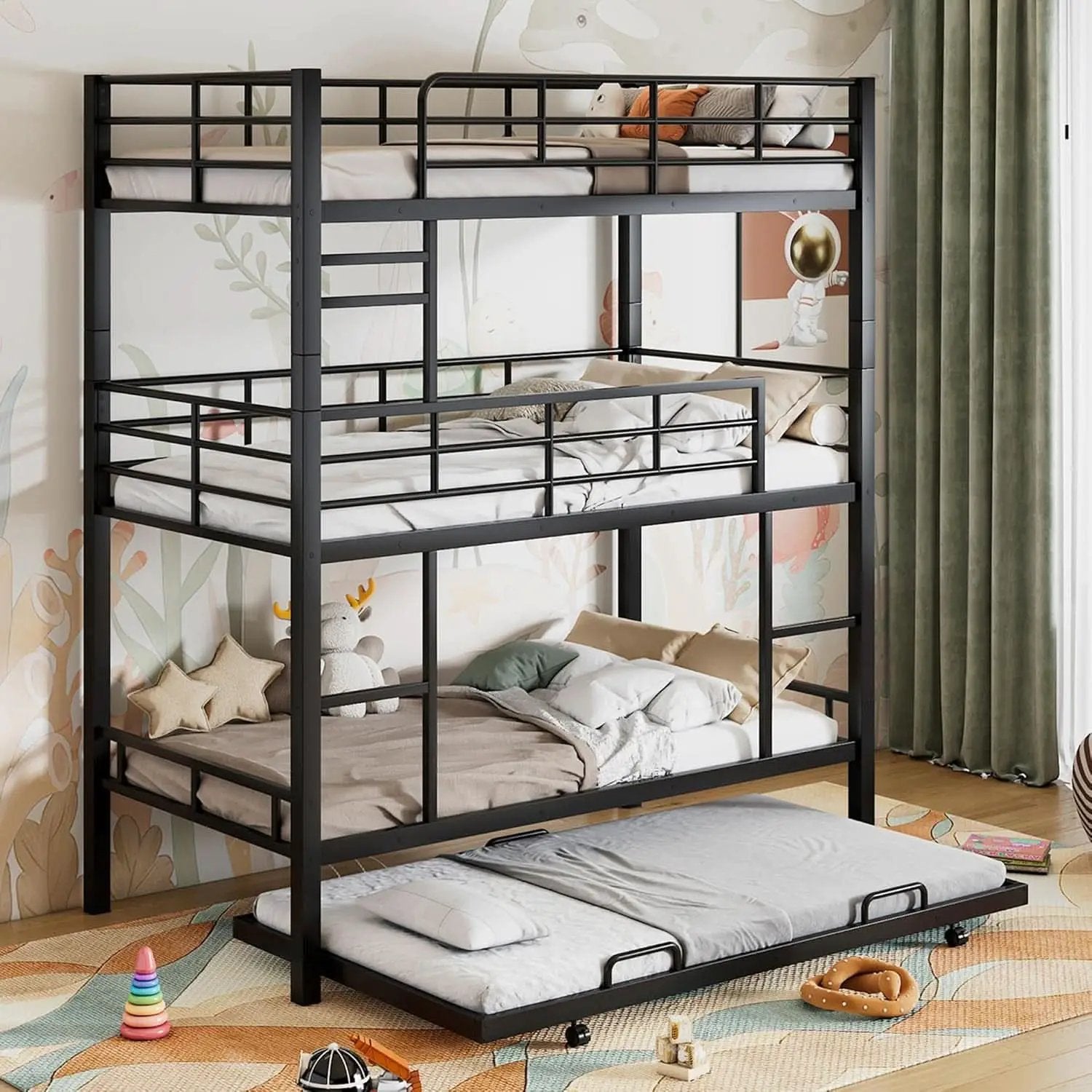 Metal Twin Size Triple Bunk Bed with Trundle, Black for Kids from PriceLows™