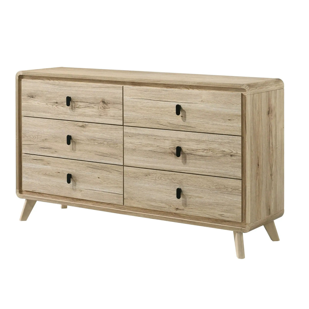 Beige 6 Drawer Dresser | Mid-Century Style | Curved Edges | Wood-Inspired Finish