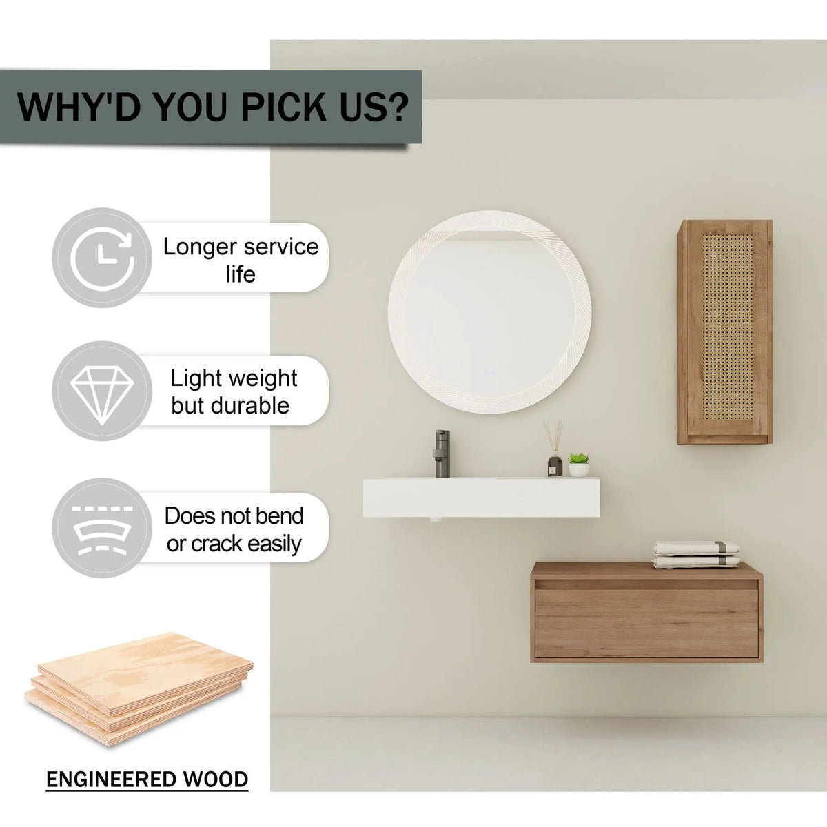 Modern Imitative Wall Mounted Bathroom Vanity With Resin Sink And Side Cabinet | 2 Pieces | Plywood & Resin | Bathroom