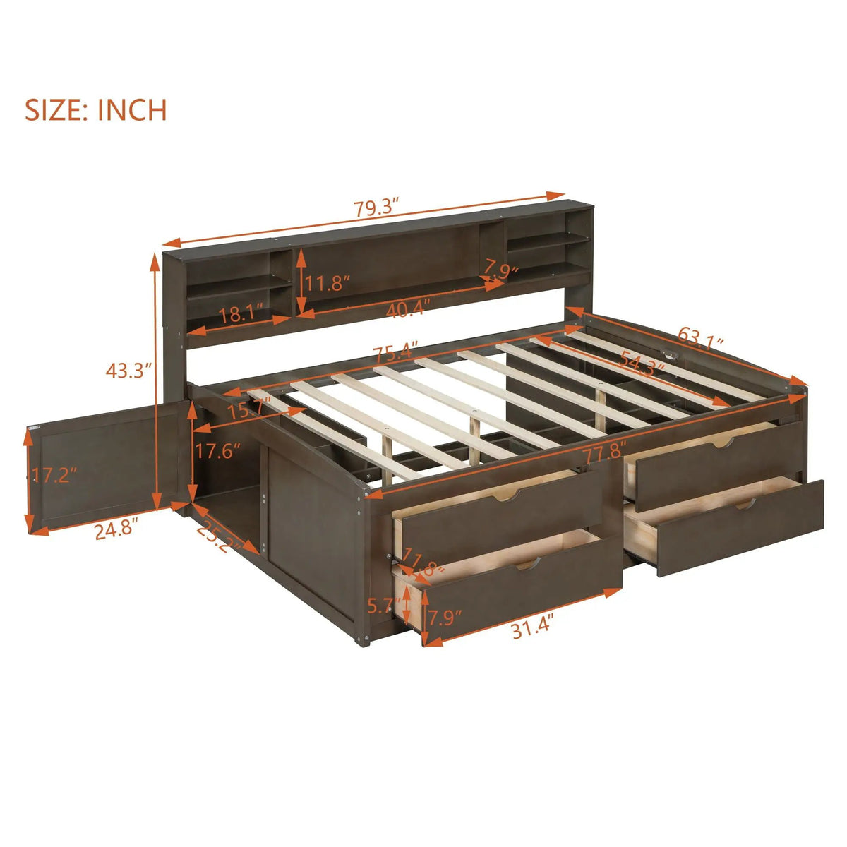 Daybed With Storage | 2 Bedside Cabinets | Upper Shelves | 4 Drawers
