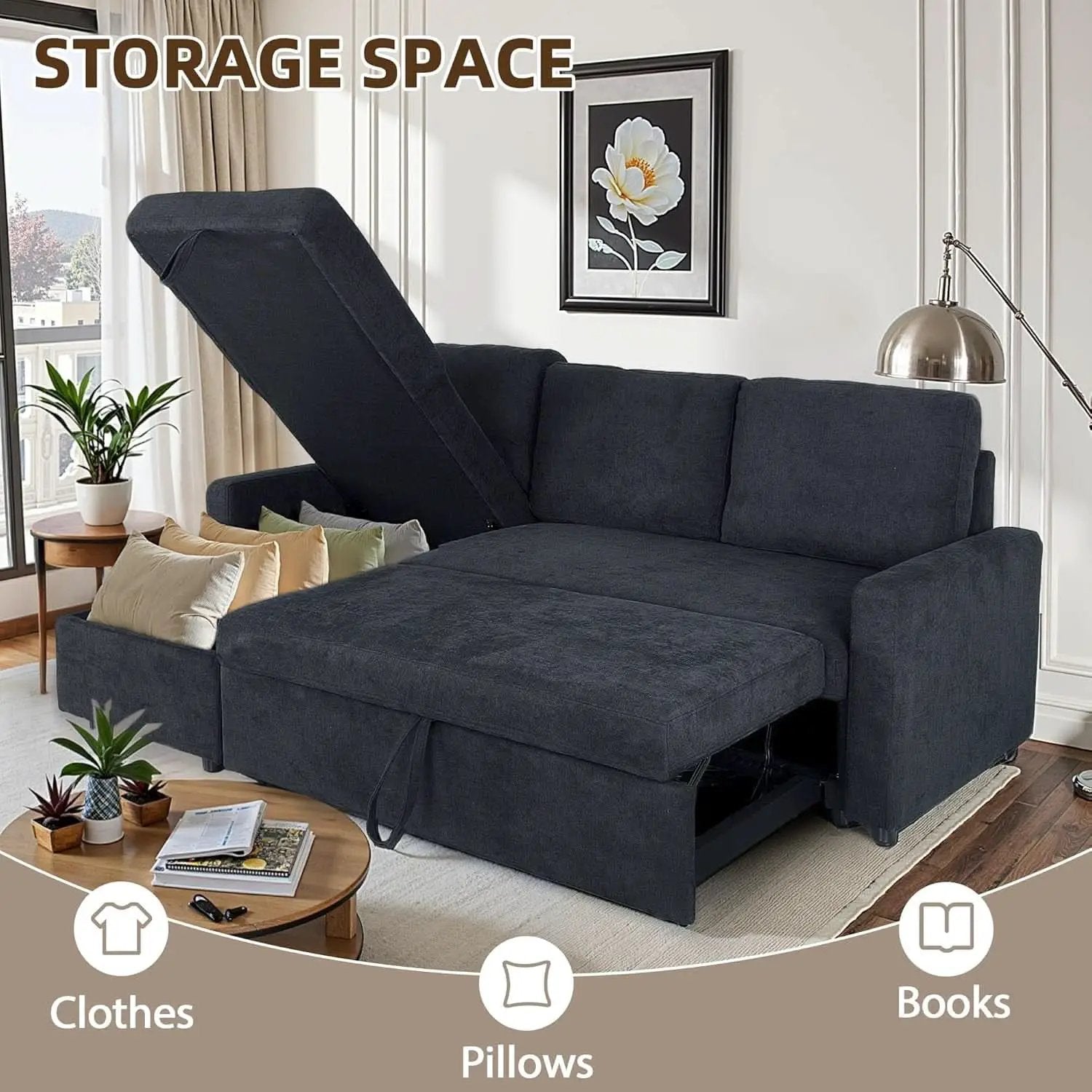 83-Inch Velvet-Black Pull-Out Sleeper Sofa With Storage from PriceLows™