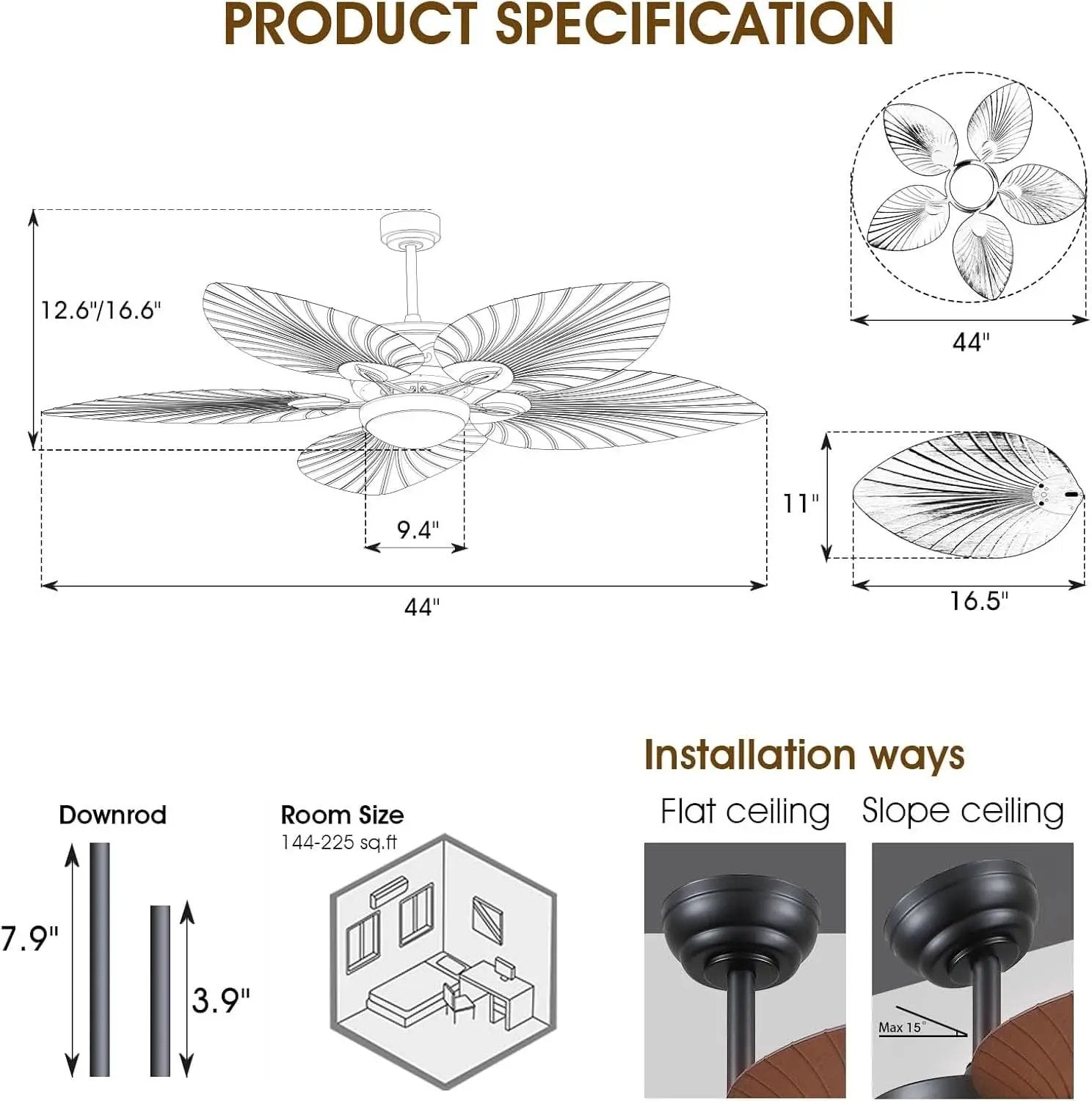 44 Inch Palm Leaf Ceiling Fan With LED Lighting Remote from PriceLows™