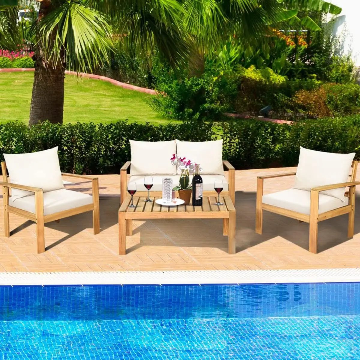 Outdoor Acacia Wood 4-Piece Chat Set Teak Finish Cushions from PriceLows™