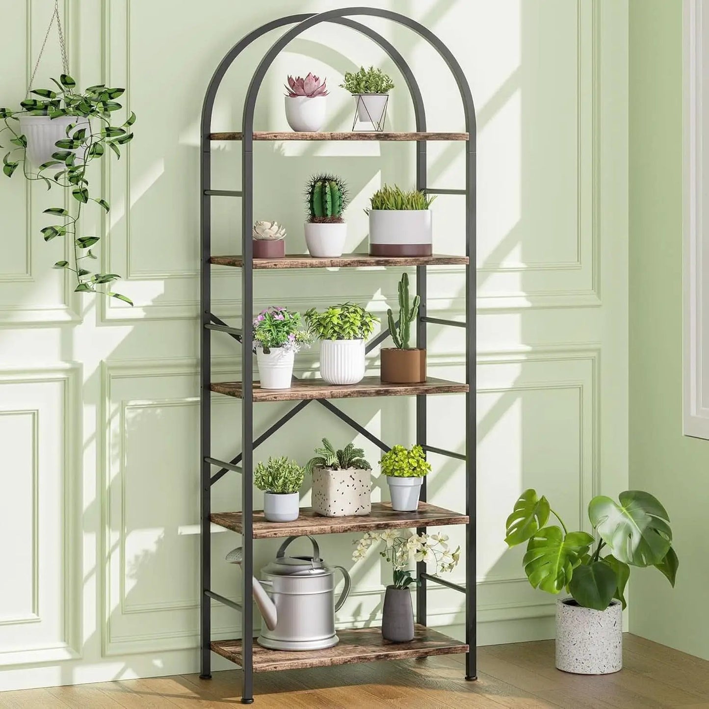 Arched Five Tier Bookshelf Rustic Brown Storage Unit from PriceLows™