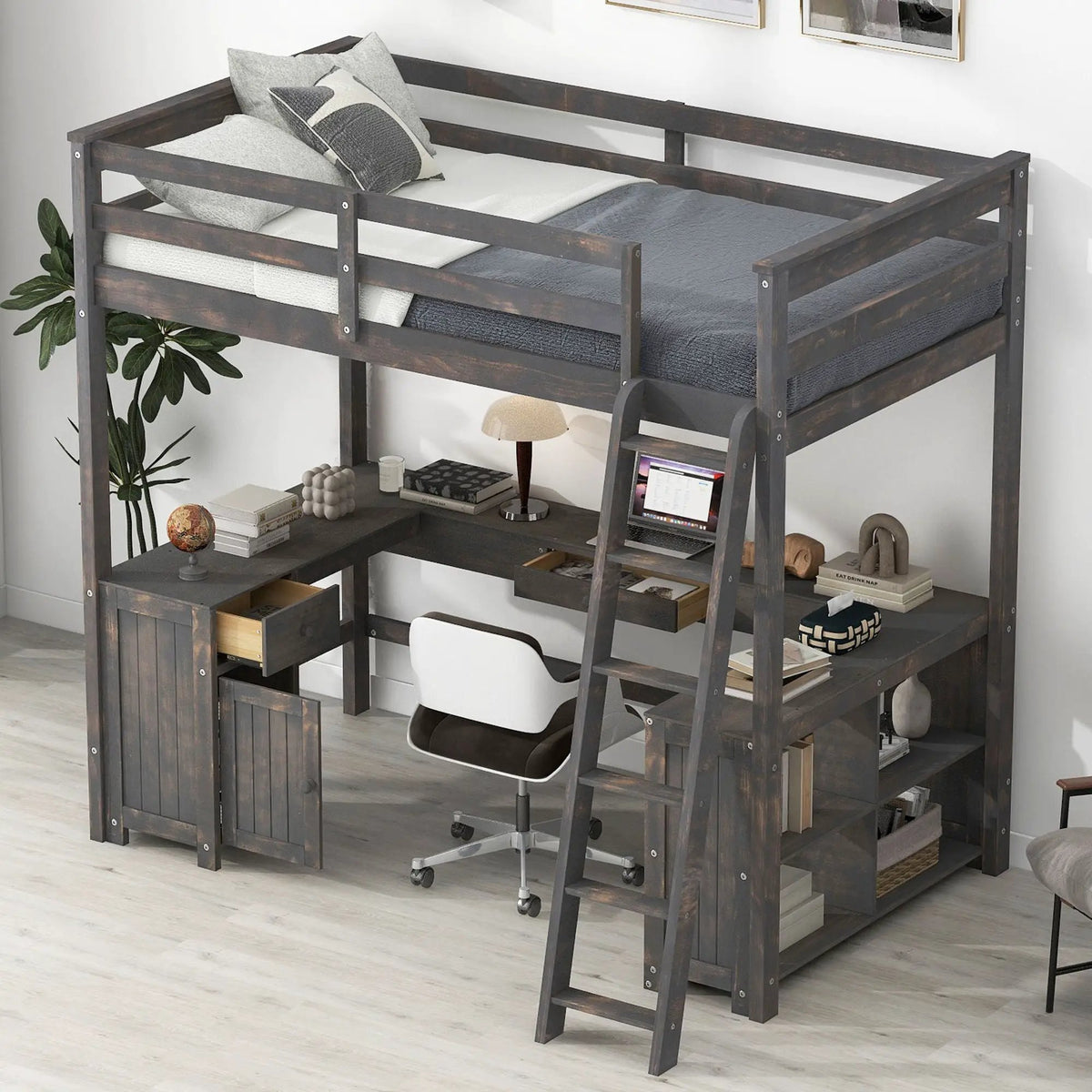 Loft Bed | U Shaped Desk | Wooden Frame | Storage Shelves