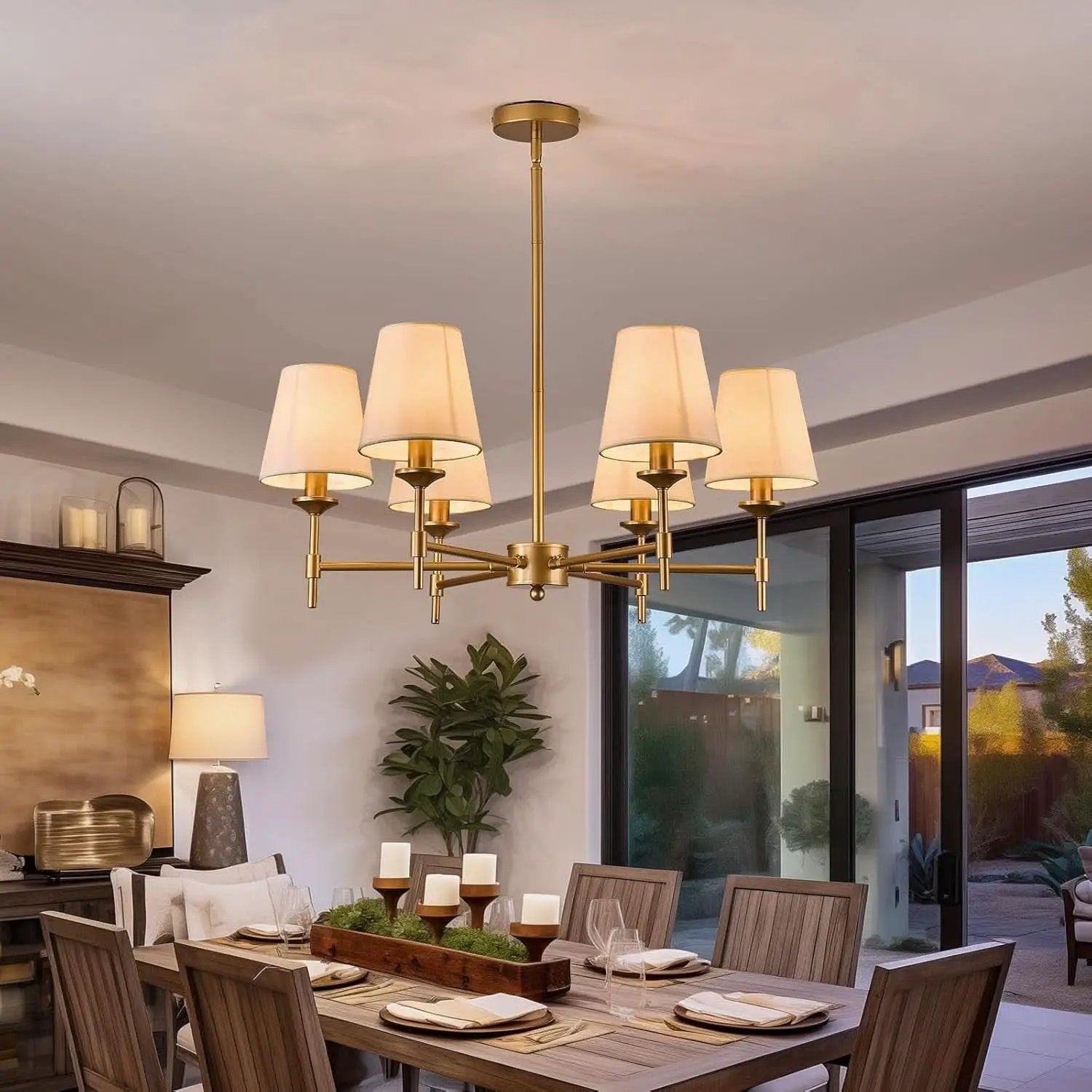 Gold Farmhouse Chandelier 6 Light Linen Shade Fixture from PriceLows™