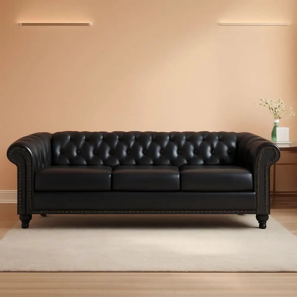 3 Seater PU Chesterfield Sofa Black Tufted Nailhead Trim from PriceLows™