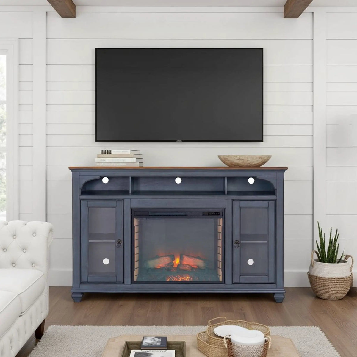 Fireplace TV Stand | Fits TVs Up To 80 Inch | Blue | Two Framed Glass Doors